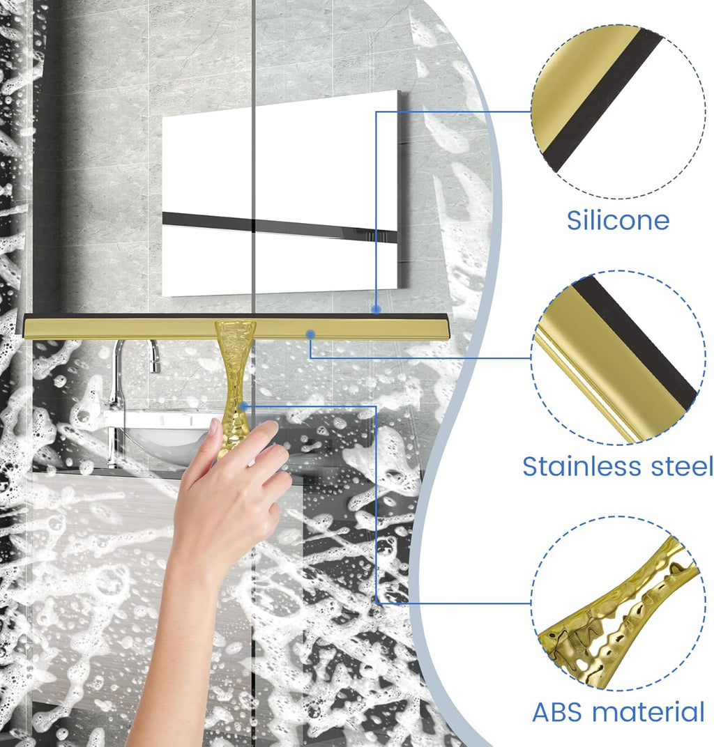 2-Pack Shower Squeegee for Glass Doors, 12 inch Gold Stainless Steel & 5 inch Pink Mini with 2 Gold Hooks, Non-Slip Hammered Handle, Silicone Wiper for Shower, Bathroom, Tile and Mirror