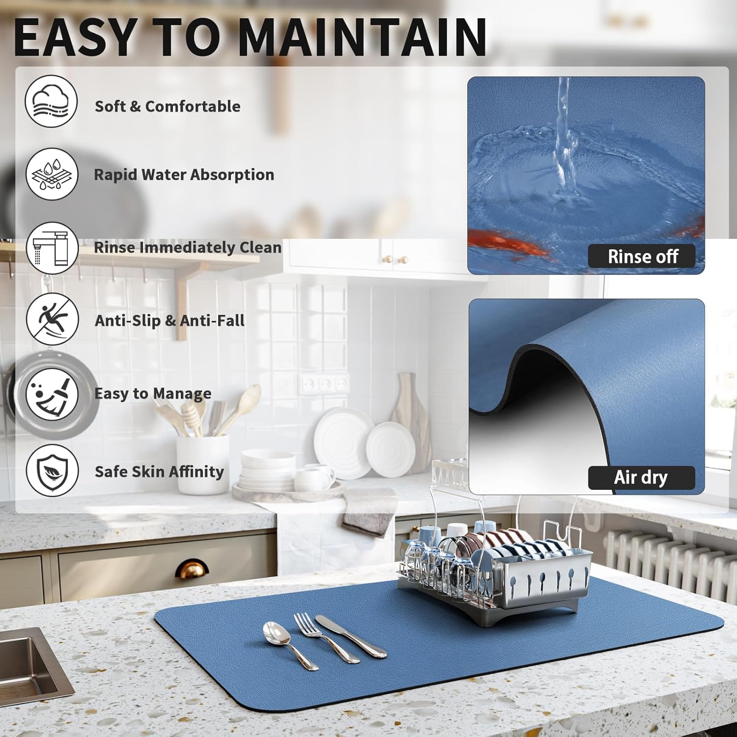 Dish Drying Mat for Kitchen Counter, Heat Resistant Drainer Mats with Non-slip Rubber Backed, Hide Stain Kitchen Super Absorbent Draining Mat, Easy to Clean Dish Rack Pad, Blue 16"x20"