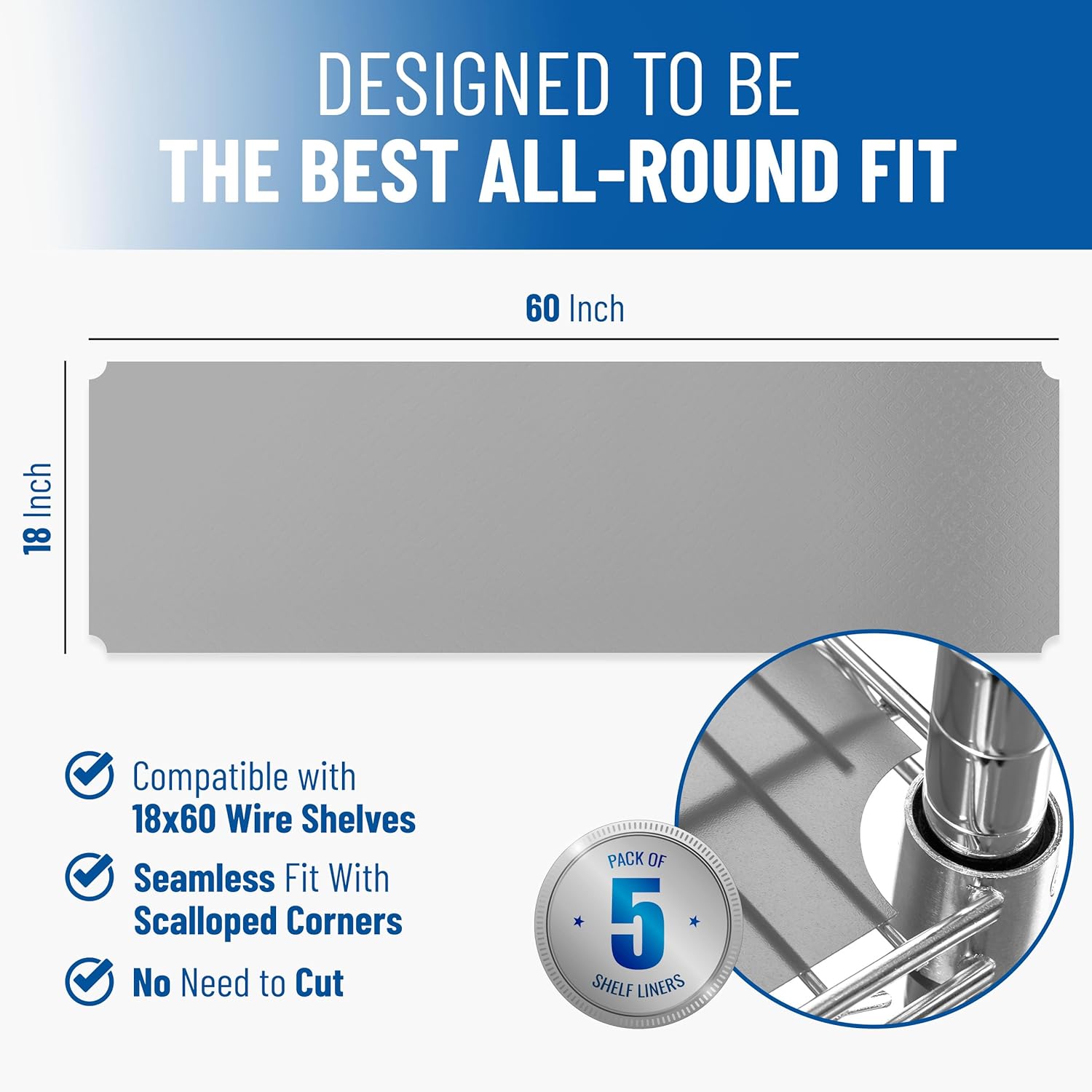 Shelf Liners for Wire Shelf System: Set of 5 in Graphite: 18 x 60 inch: Plastic Wire Shelving Shelf Mats