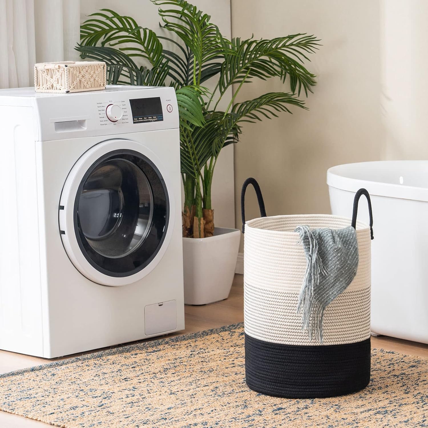 Woven Rope Laundry Hamper Basket by YOUDENOVA, Tall Luandry Basket, Baby Nursery Hamper for Blanket Storage, Clothes Hamper for Laundry in Bedroom-Large-(Dark White, 58L)