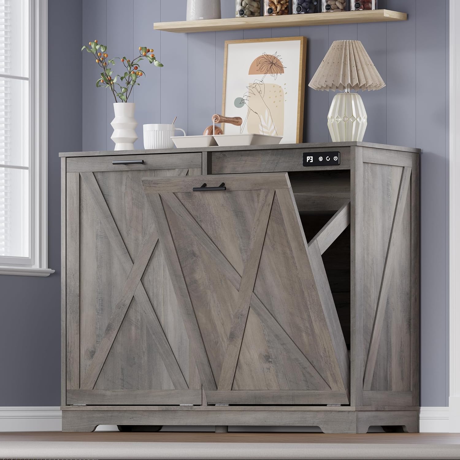 Tilt Out Trash Can Cabinet for 2 Bins, Hidden Recycle Garbage Bin Enclosure, Wooden Double Laundry Cabinet with Odor Control, Negative Ion & Ozone, for Kitchen, Bathroom, Laundry Room