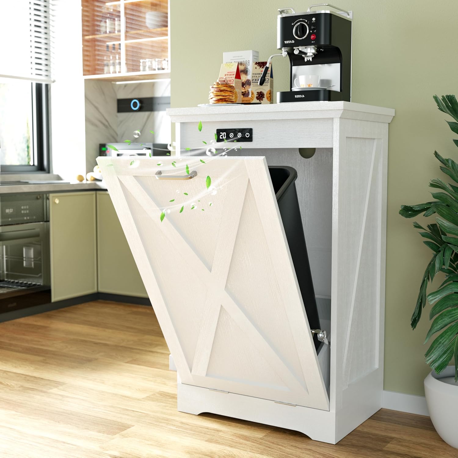 Betterhood Tilt Out Trash Can Cabinet, Hidden Trash Bin with Deodorizing & Negative Ion System, Pet-Proof Kitchen Waste Cabinet for Kitchen, Dining Room, Living Room (White, 1 * 10 Gallons)