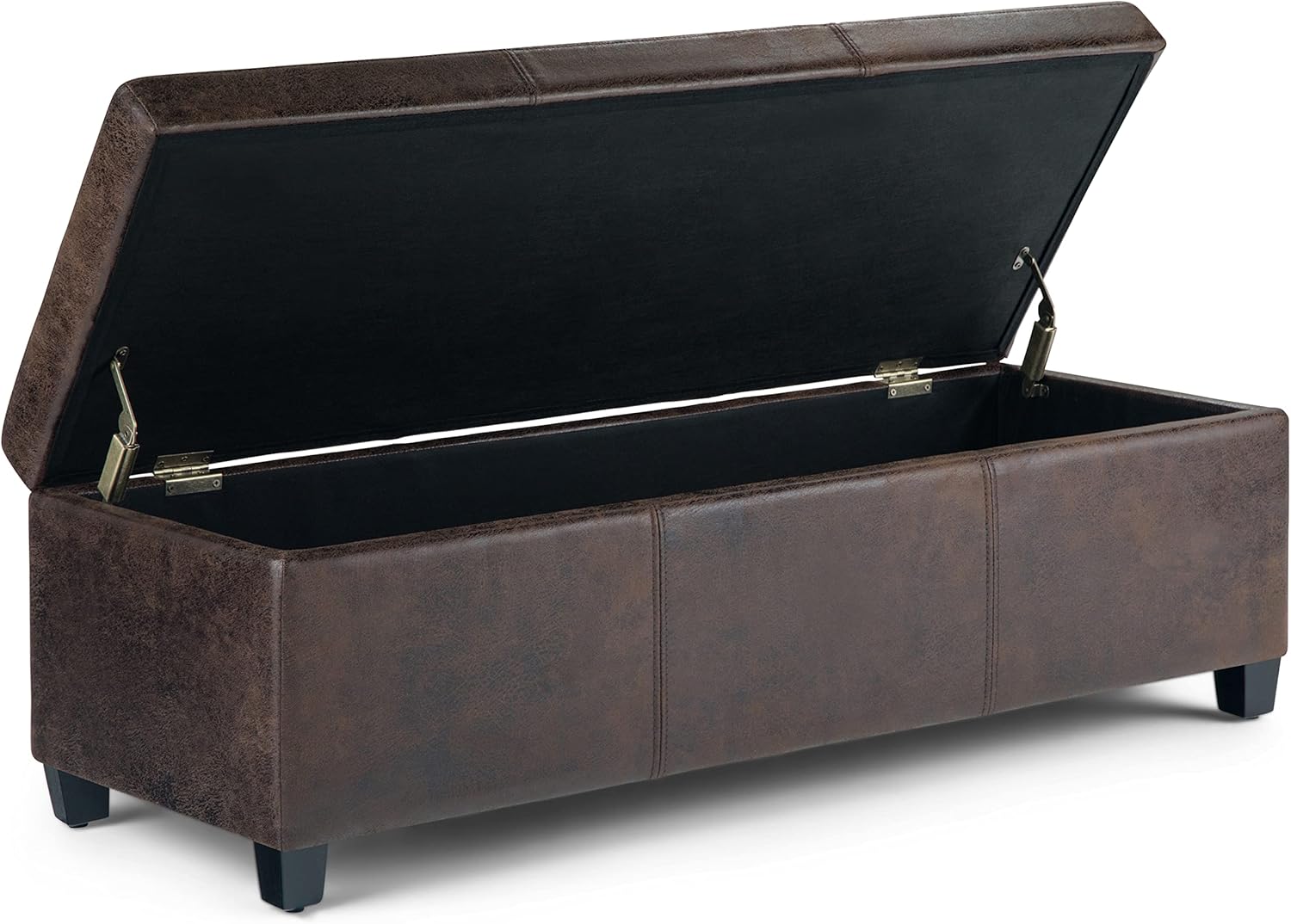 SIMPLIHOME Avalon 48 inch Wide Contemporary Rectangle Storage Ottoman Bench in Distressed Brown Vegan Faux Leather, Assembled, for the Living Room, Entryway and Family Room