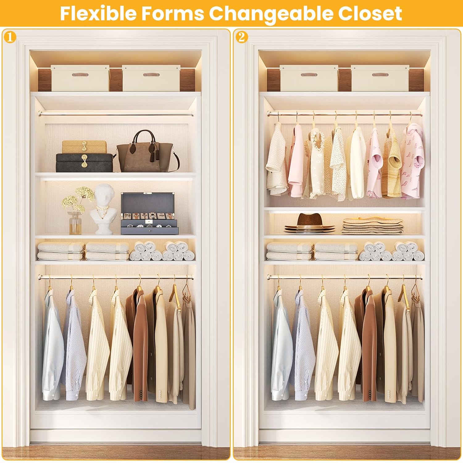 Unikito 3FT Freestanding Closet System with 2 Hanging Rods & Adjustable Shelve, 36'' Wood Closet Organizer System, Clothes Garment Rack, Sturdy Walk-in Closet Tower, Easy Assembly, Hold 800LBS, White