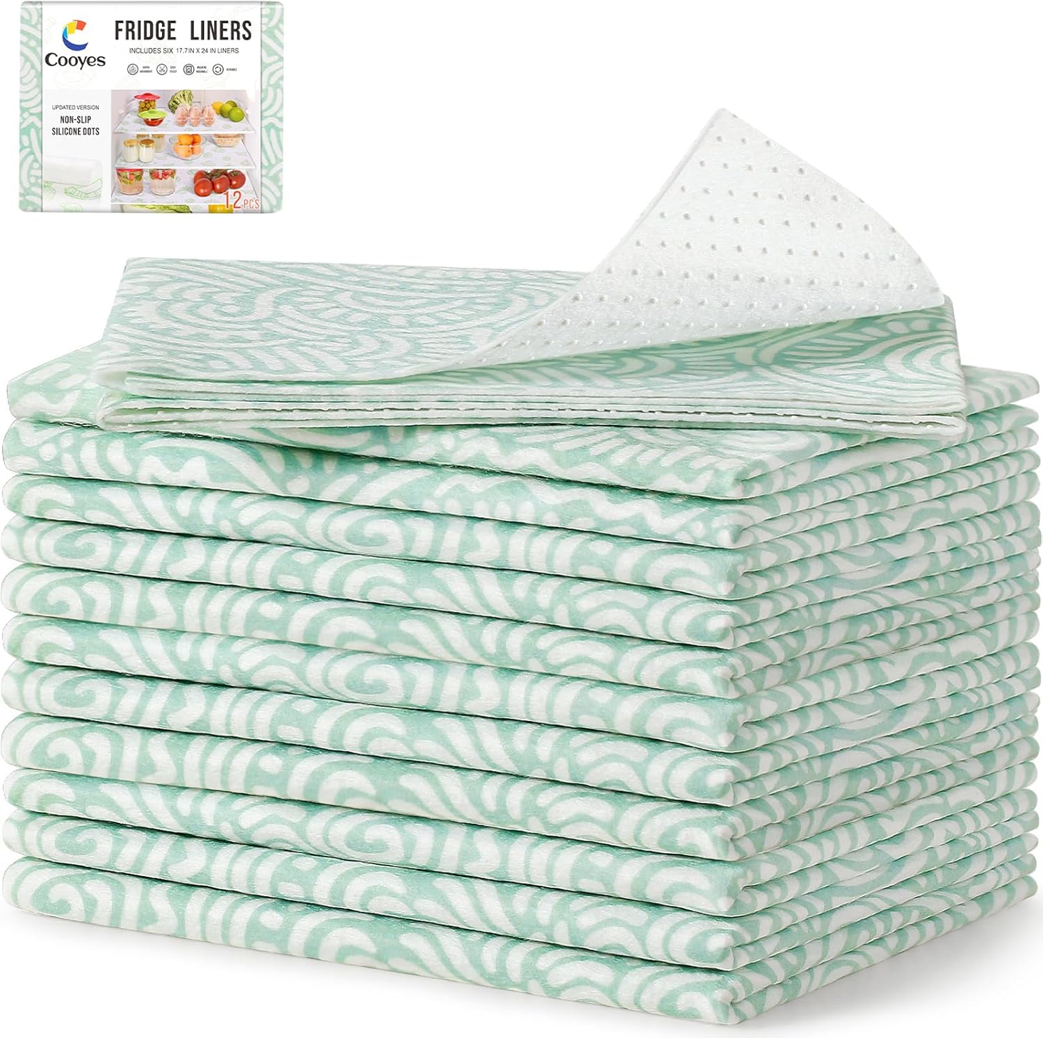 Cooyes 12 Pack Refrigerator Shelf Liners for French Door Fridge, 17.7" × 36" Extra Large, Non-Slip Fridge Mats Machine Washable, Refrigerator Drawer Liner for Glass Shelves Kitchen Cabinet