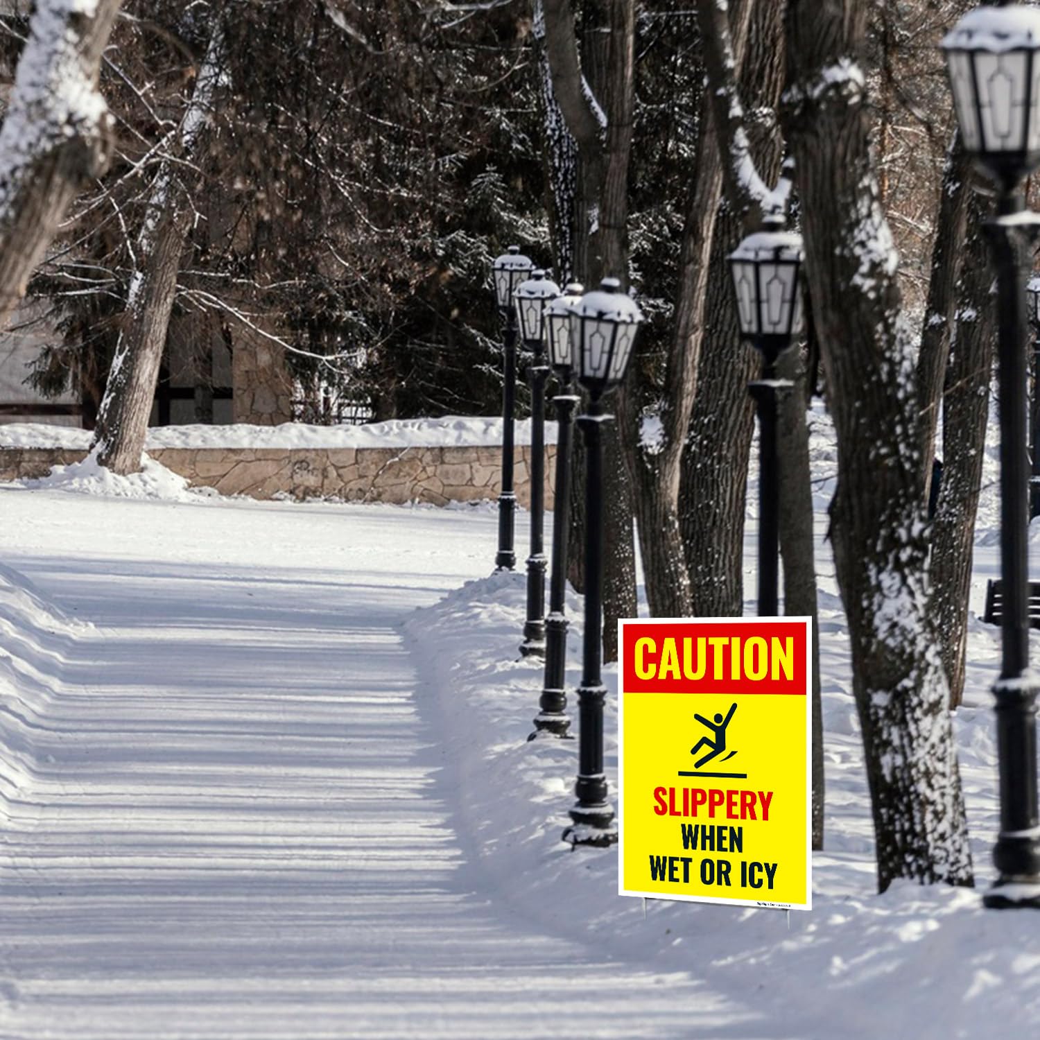 Caution Slippery When Wet or ICY Sign, (SI-84404) (4 Pack) Double Sided 12x18 Inches, Corrugated Plastic with Metal H Stake, Made in USA by Sigo Signs