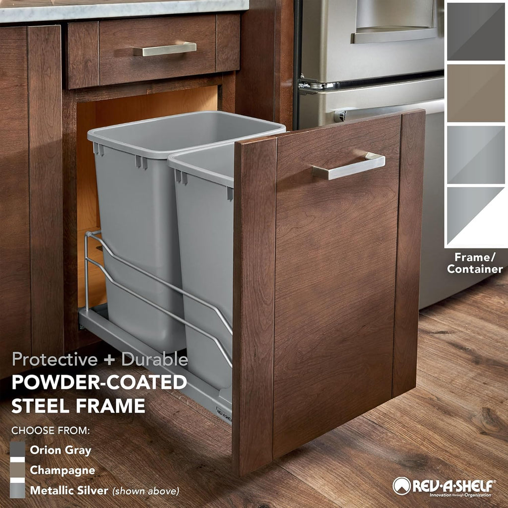 Rev-A-Shelf Double Pullout Trash for Full Height Kitchen Cabinets 50 Quart 12.5 Gallon with Soft-Close Slides, Metallic Silver, 53WC-2150SCDM-217