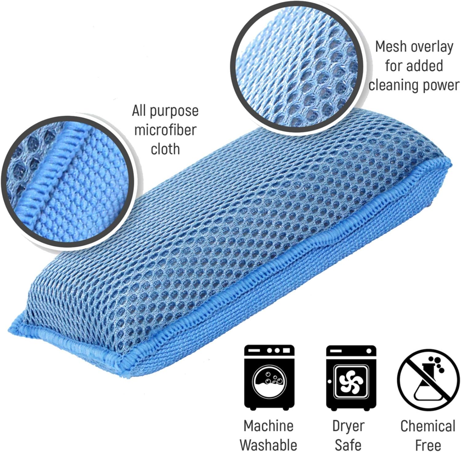 Miracle Microfiber Kitchen Sponge by Scrub-It (6 Pack) - Non-Scratch Heavy Duty Dishwashing Cleaning sponges- Machine Washable - (Blue)