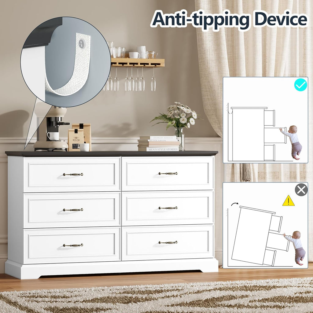 6 Drawer Dresser for Bedroom, 53" Wide Wooden Chest of Drawers, Rustic Farmhouse Dresser with Large Drawers & Metal Handles, Modern Storage Organizer for Closet, Living Room, Hallway, White