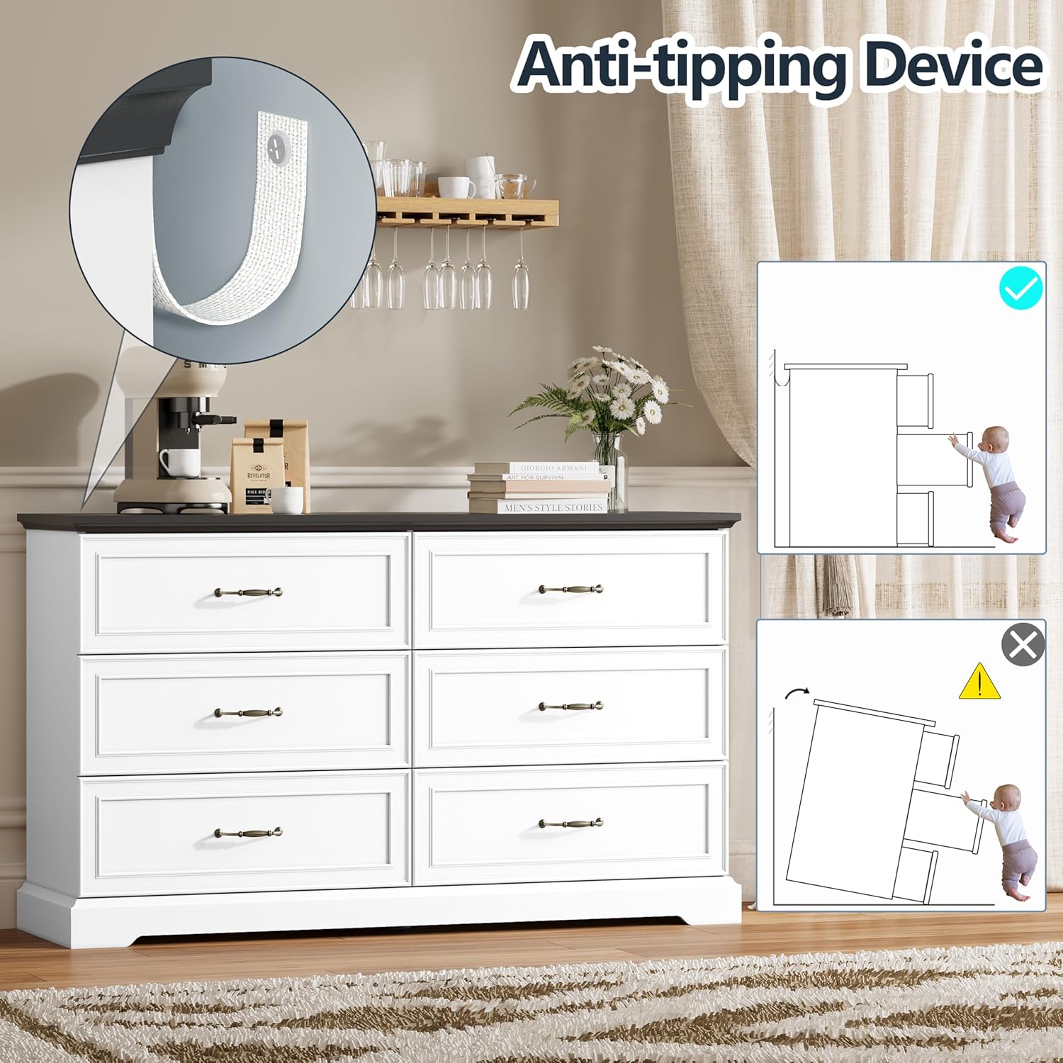6 Drawer Dresser for Bedroom, 53" Wide Wooden Chest of Drawers, Rustic Farmhouse Dresser with Large Drawers & Metal Handles, Modern Storage Organizer for Closet, Living Room, Hallway, White