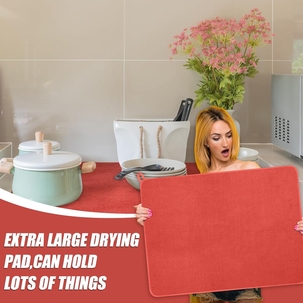 Hushee 2 Pack Extra Large Dish Drying Mat Microfiber Absorbent Dish Drying Pad Large Size Dishes Drainer Mats for Countertop, Sink, Refrigerator or Dryer (30 x 24 Inch,Red)
