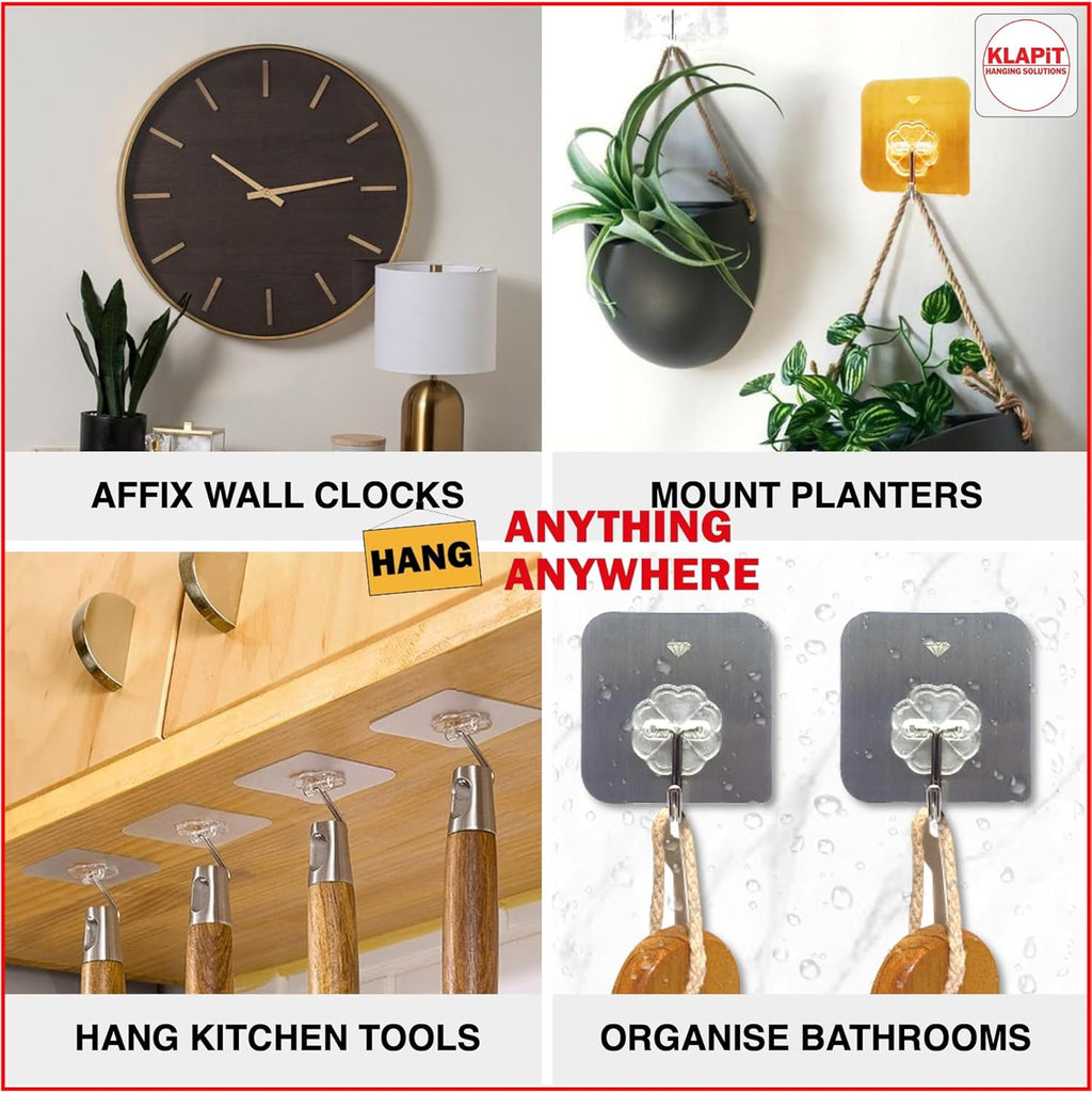 KLAPiT Super Hook - Heavy-Duty Adhesive Clear Wall Hooks, Holds Up to 11 lbs, Waterproof, No Damage, Easy Install on Tile, Wood, Stone, Glass & Metal - Made of Steel (Clear, 16pc)