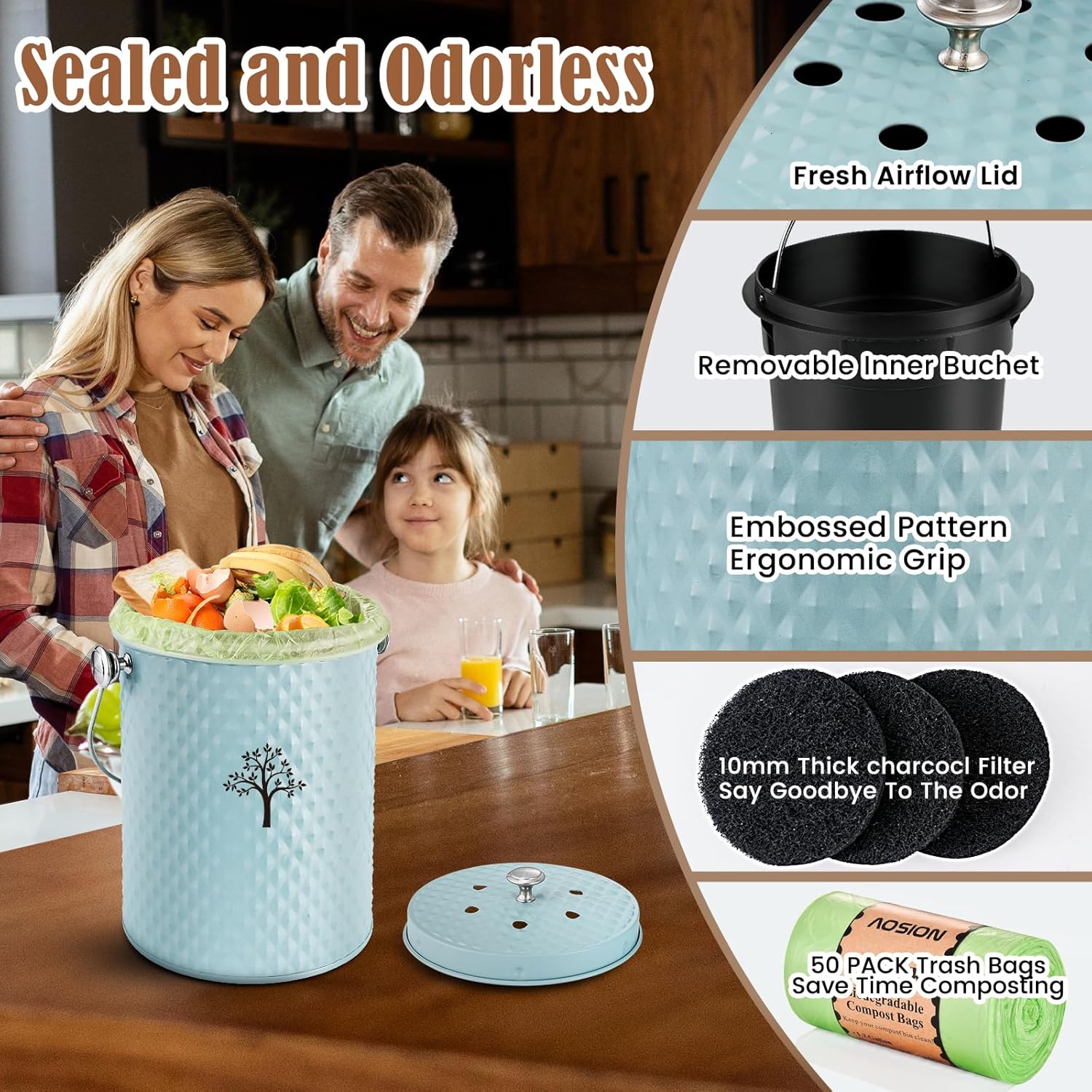 AOSION Countertop Compost Bin Kitchen,Odor Resistant Indoor Compost Bin with Lid and Compost Bags,Compost Bucket Composter Container for Food Waste,Blue