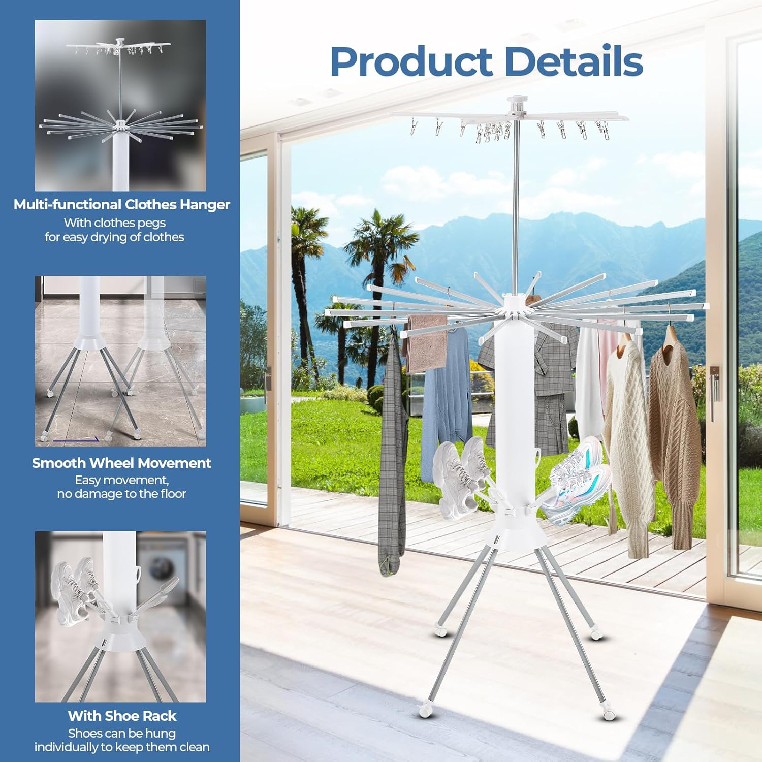 GCCSJ 3 Tier Portable Collapsible 4-Legged Clothes Drying Rack,Foldable Laundry Drying Rack with 4 Pulleys with and Shoe Holders for Indoor Outdoor Space Saving