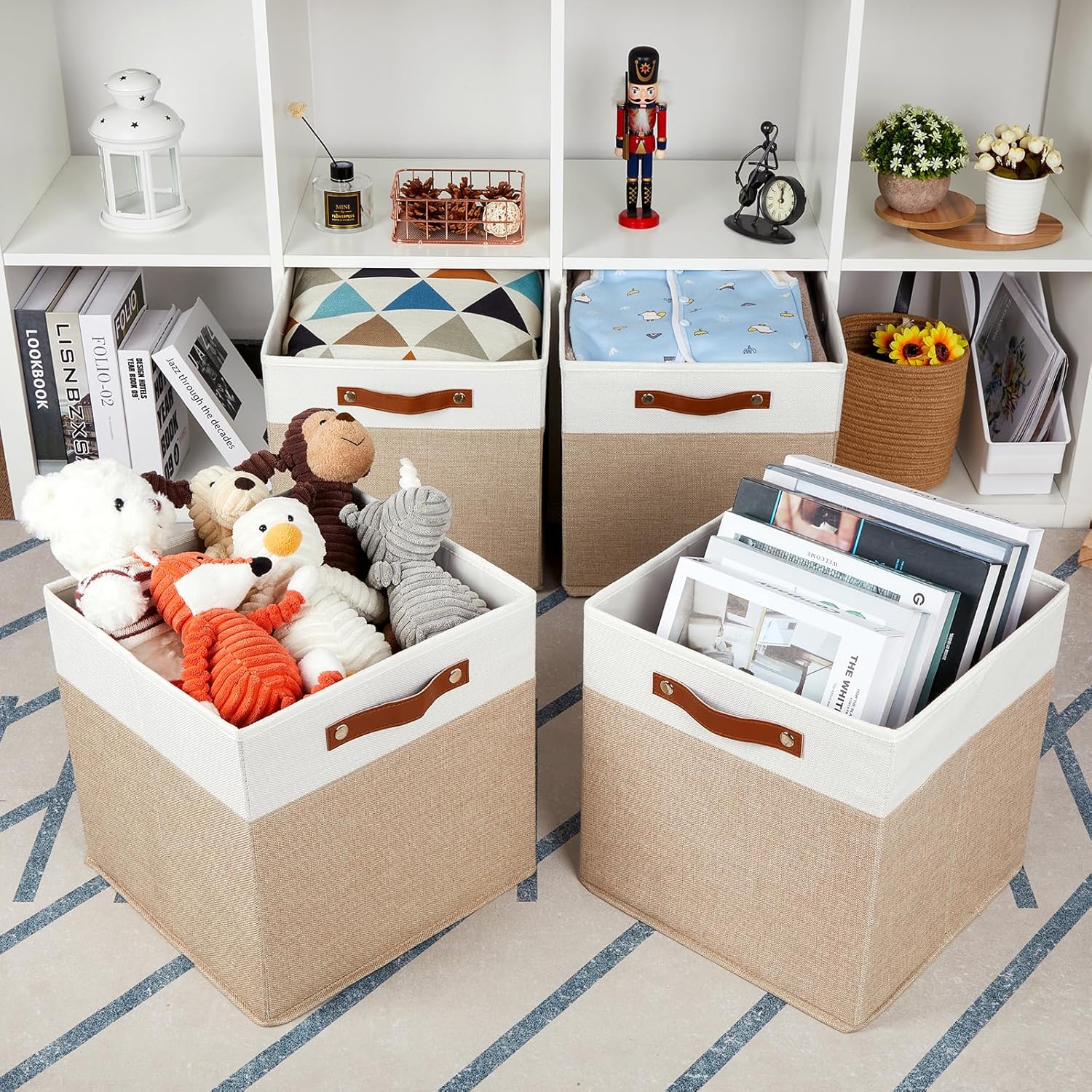 HNZIGE Fabric Baskets for Organizing 13x13 Storage Cubes, Set of 4 Fabric Foldable Canvas Storage Bins for Shelves, Cloth Storage Bins for Cube Organizers Toy Nursery Closet Bedroom?Beige&White?