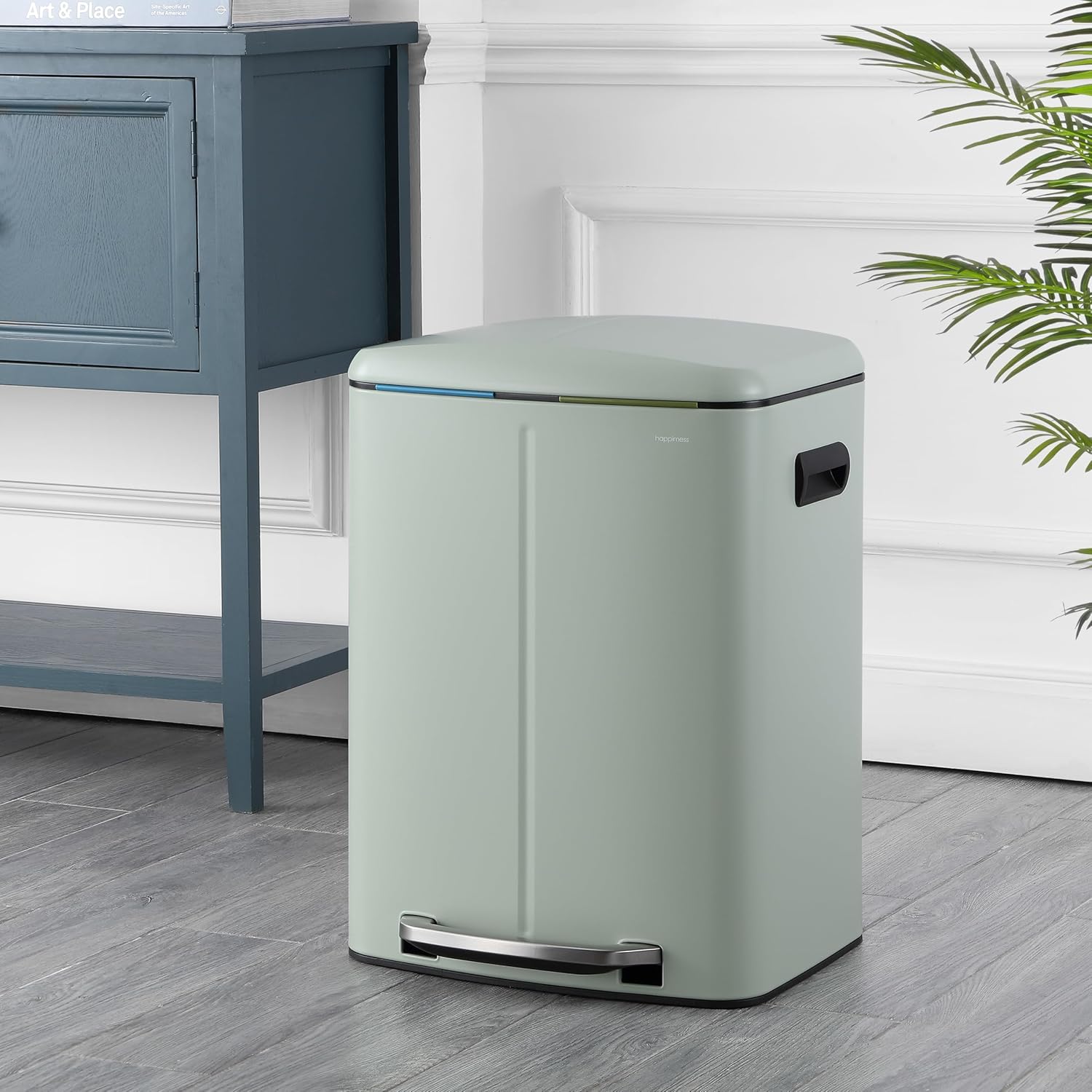 happimess HPM1005E Marco Rectangular 10.6-Gallon Double Bucket Trash Can with Soft-Close Lid, Fingerprint Resistant, Modern, Minimalistic for Home, Kitchen, Office, Bathroom, Pistachio Gelato