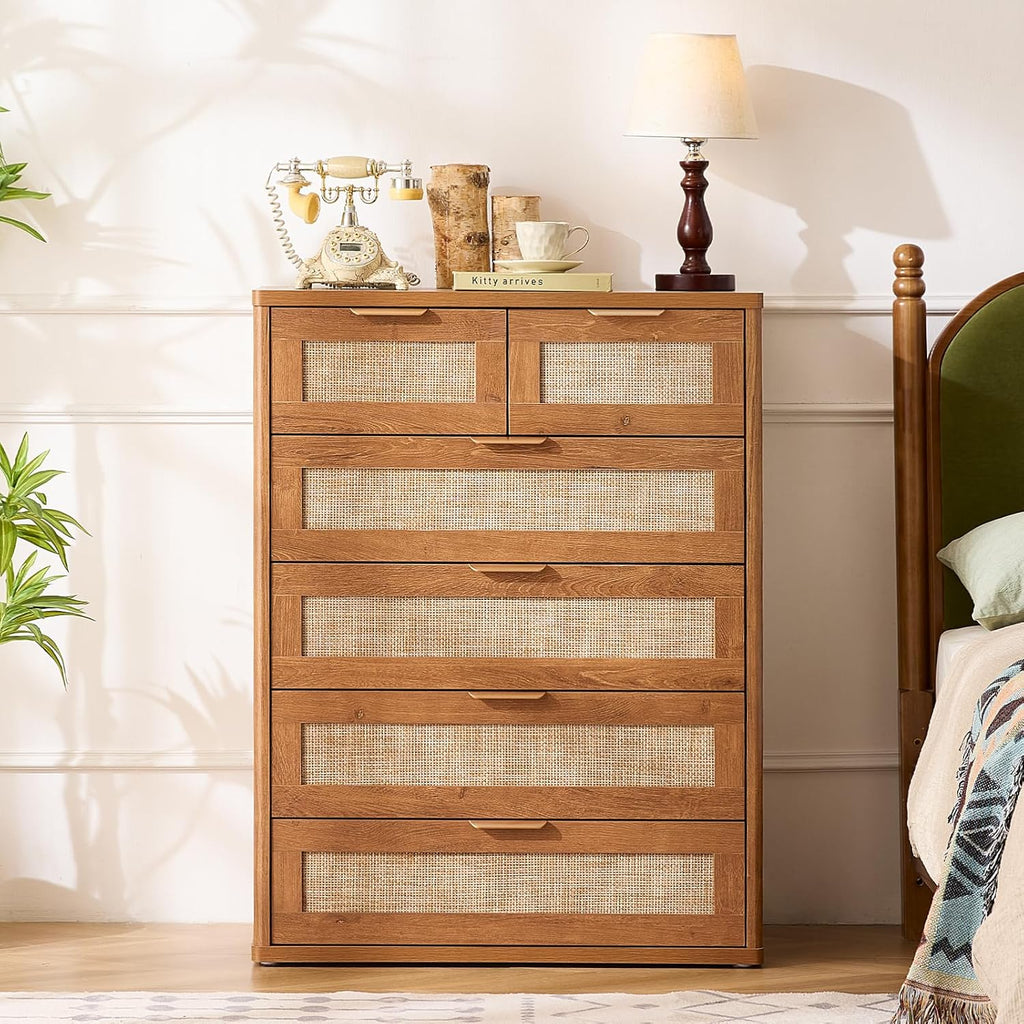 LEYAOYAO Rattan Dresser for Bedroom Set of 2, 42" Tall Chest of Drawers, Modern 6 Drawers Boho Dressers with Storage, Vintage Brown Dresser Wooden Closet Organizer for Living Room, Hallway