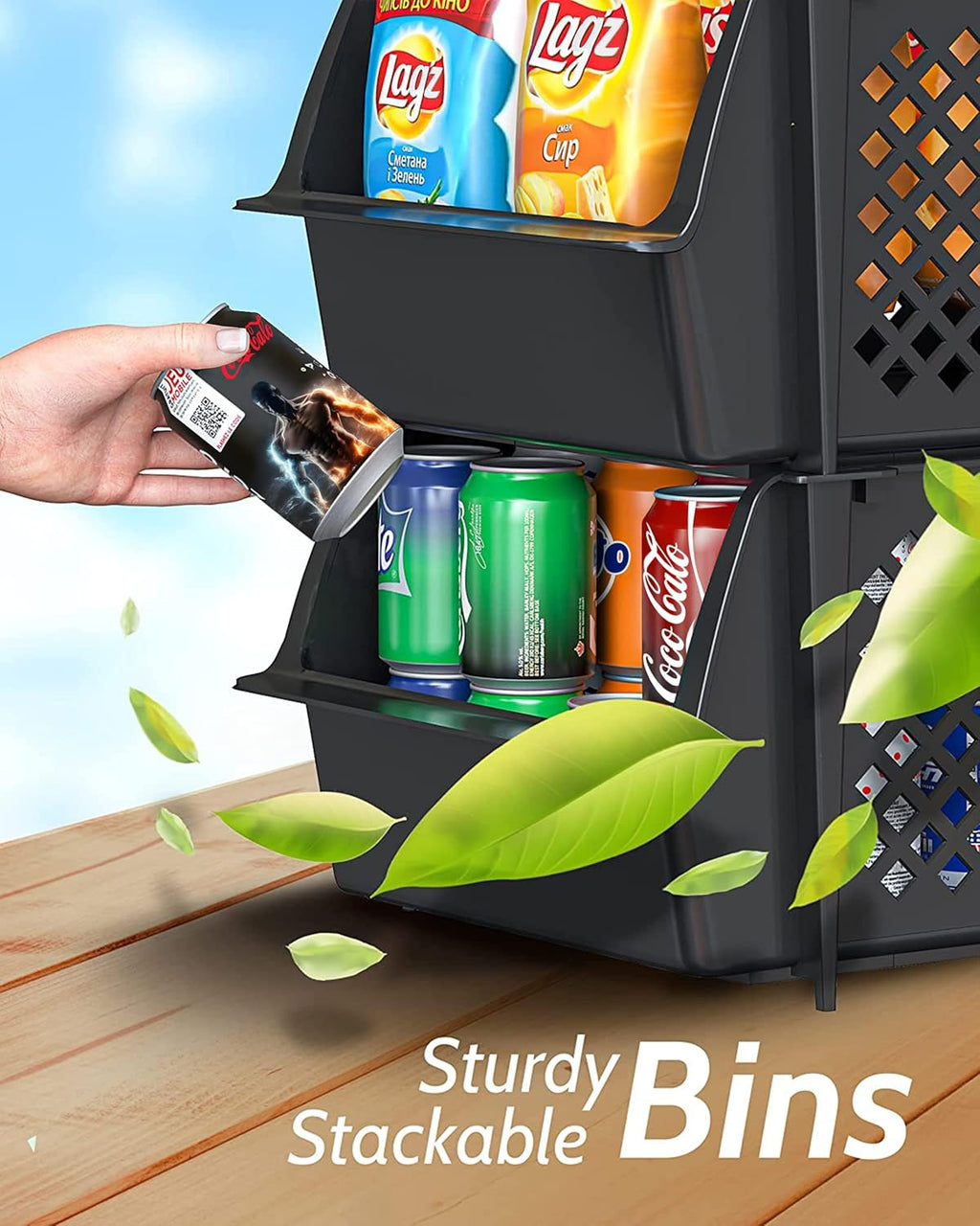 TidyFriend Plastic Stackable Storage Bins for Pantry - 8 Pack Stackable Bins For Organizing Food, Kitchen, and Bathroom Essentials (Black)