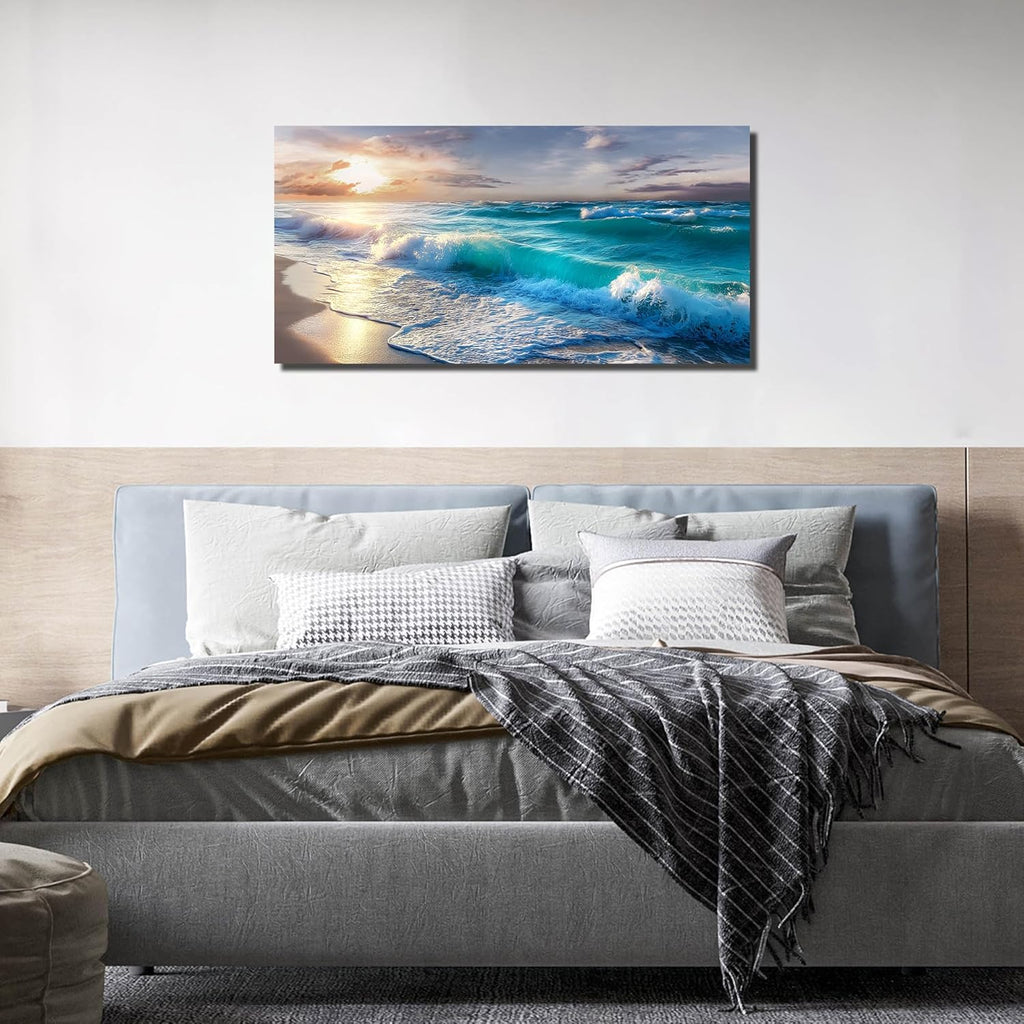 GUGIKA Ocean Wall Art for Living Room, Blue Wave and Large Coastal Beach Canvas Wall-Decor for Bedroom, Gold Sun Scenery Pictures for Hallway Office, Size 40x20 Inches