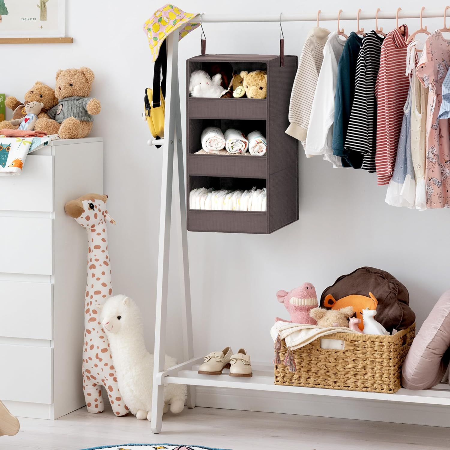 GRANNY SAYS 3-Shelf Closet Organizers and Storage, Foldable Hanging Closet Organizer, Hanging Closet Shelves with 2 Metal Hooks, Leak-Proof Hanging Shelves for Closet, Bedroom, RV, Camper, Dark Brown