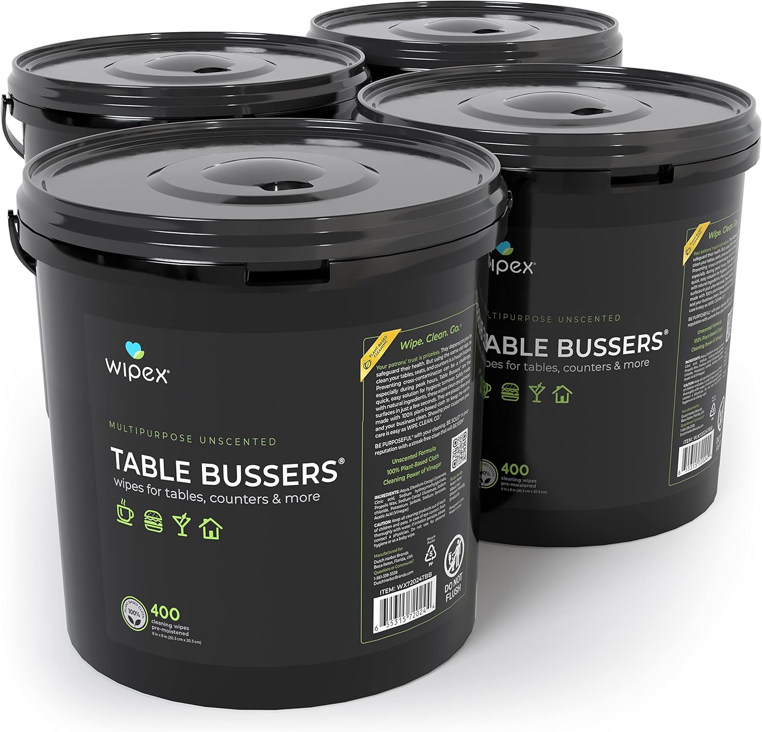 Wipex Table Bussers - Natural Cleaning Vinegar Counter and Table Wipes, 400 Ct Unscented Disposable Plant-Based Cloth for Tables, Counters, Surfaces for Restaurant, Cafes and Home Use, Pack of 4