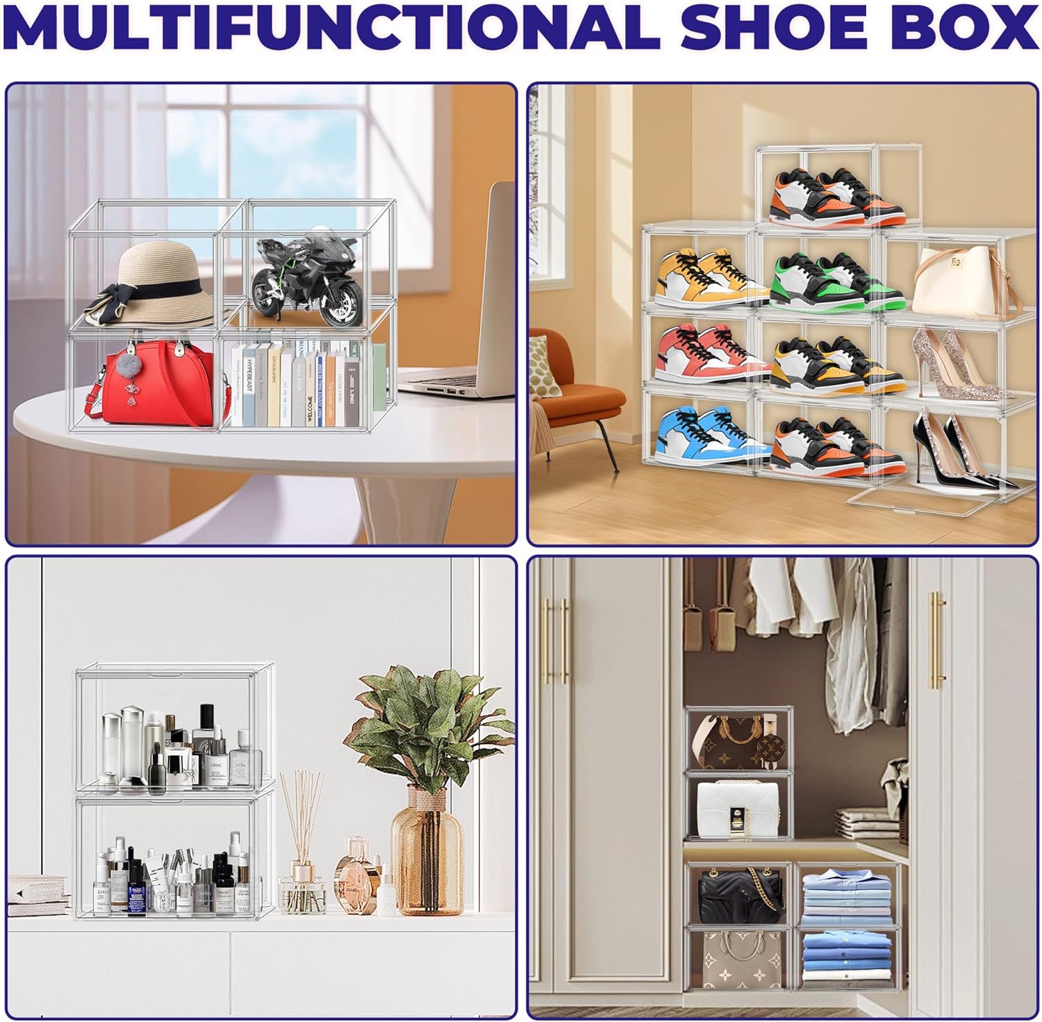 Shoe Storage 6 Pack, Acrylic Clear Shoe Storage Box Stackable Large Sneakers Display Case with Magnetic Door Hat Boxes Shoe Organizer for Closet, Fit up to US Size 13