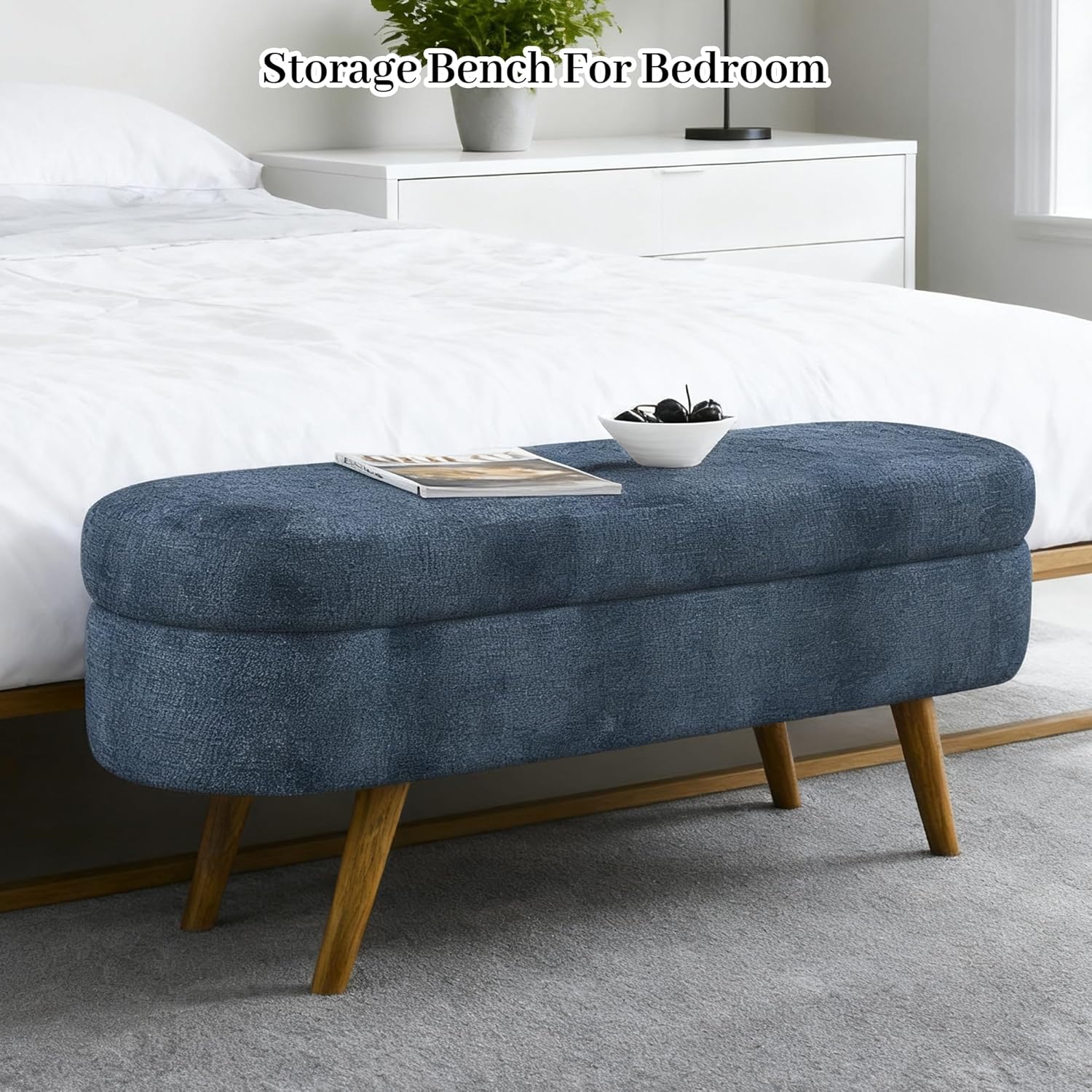 Storage Bench, 43" Storage Ottoman Bench, Shoe Storages Benches for Bedroom, Upholstered Entryway Benches with Seating, Rubber Wood Legs for Bedroom, Living Room, Entryway, Bed Side, Dark Blue