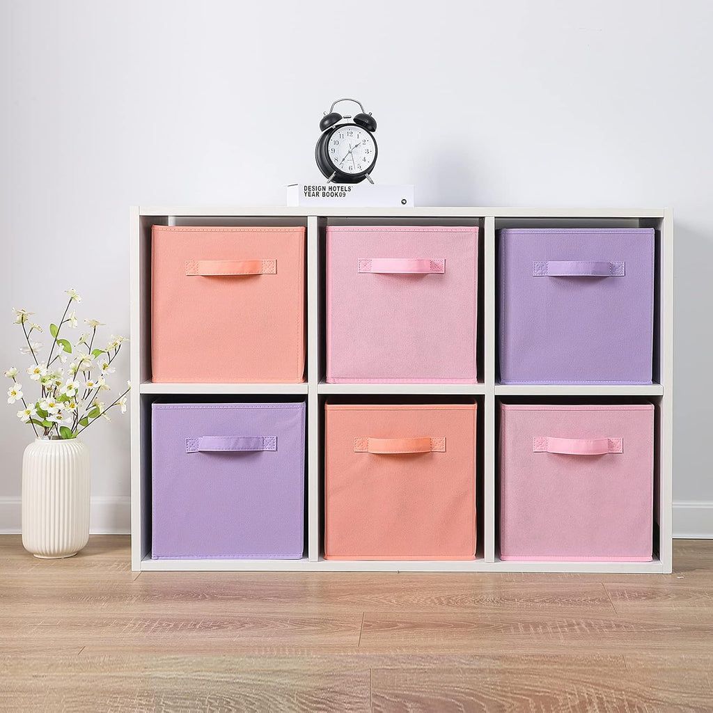 Stero Fabric Storage Bins 6 Pack Fun Colored Durable Storage Cubes with Handles Foldable Cube Baskets for Home, Kids Room, Closet and Toys Organization Purple, Pink, peachpuff