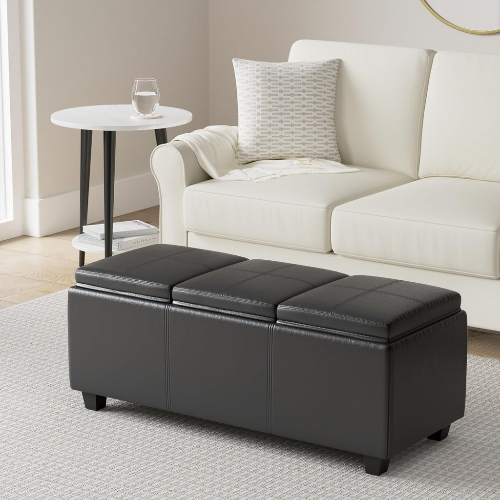 SIMPLIHOME Avalon 42 inch Wide Contemporary Rectangle Storage Ottoman in Midnight Black Vegan Faux Leather, Assembled, For the Living Room, Entryway and Family Room