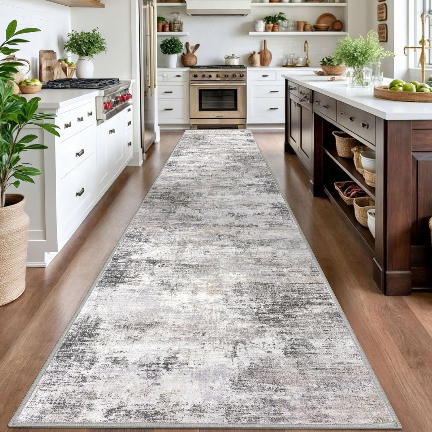 IOHOUZE Abstract Runner Rug 3x16 Ft Washable Runners for Hallways, Non Slip Kitchen Runner Printed Faux Wool Entryway Runner Indoor, Modern Abstract Floor Carpet for Hall Stair, Grey Beige