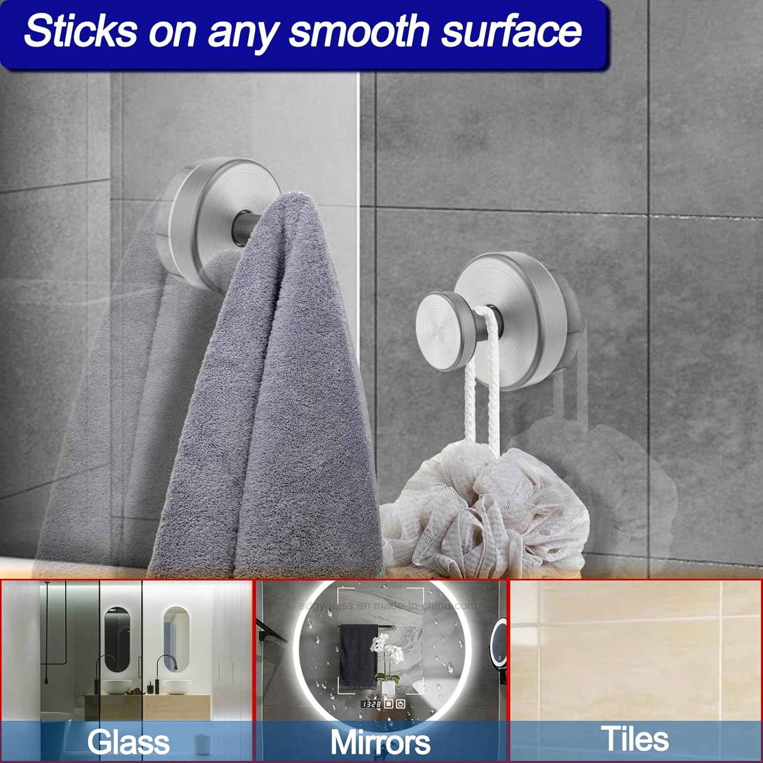 Suction Cup Hooks for Shower, Removable Towel Hooks for Bathroom Window Glass Door Wall, Bath Robe Looafh Hook for Hanging - 2 Pack, Silver