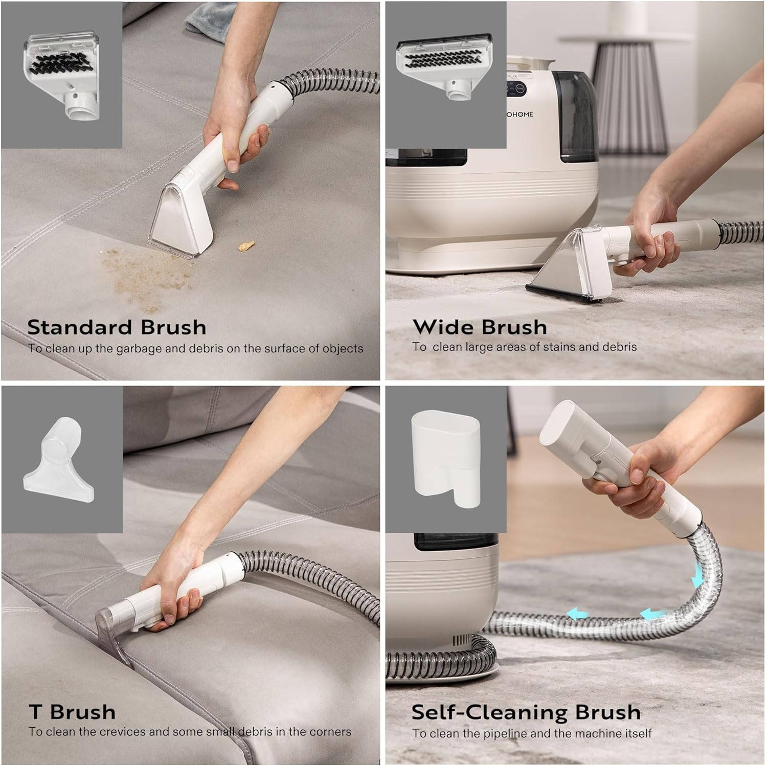 VIVOHOME Portable Multipurpose Carpet Cleaner Machine, 15s Fast Heating Spot Cleaner for Upholstery, 4 Detachable Brush Heads for Pets, Couch, Car Seats, Self-Cleaning, 14Kpa Strong Suction