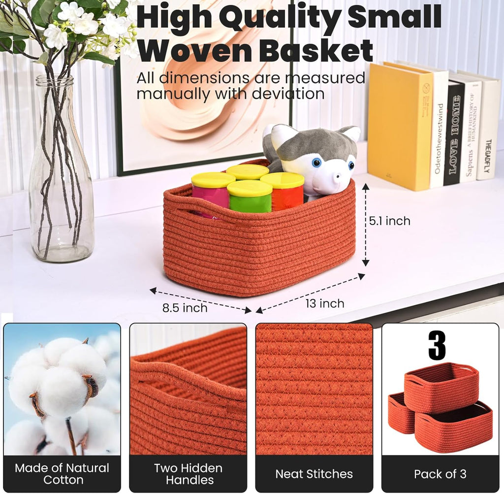 Small Red Woven Baskets for Organizing, Basket for Gifts Empty, Cotton Rope Baskets for Storage, Organizer Bins for Organization, 13"×8.5"×5.1" (3 Packs) Brick Red