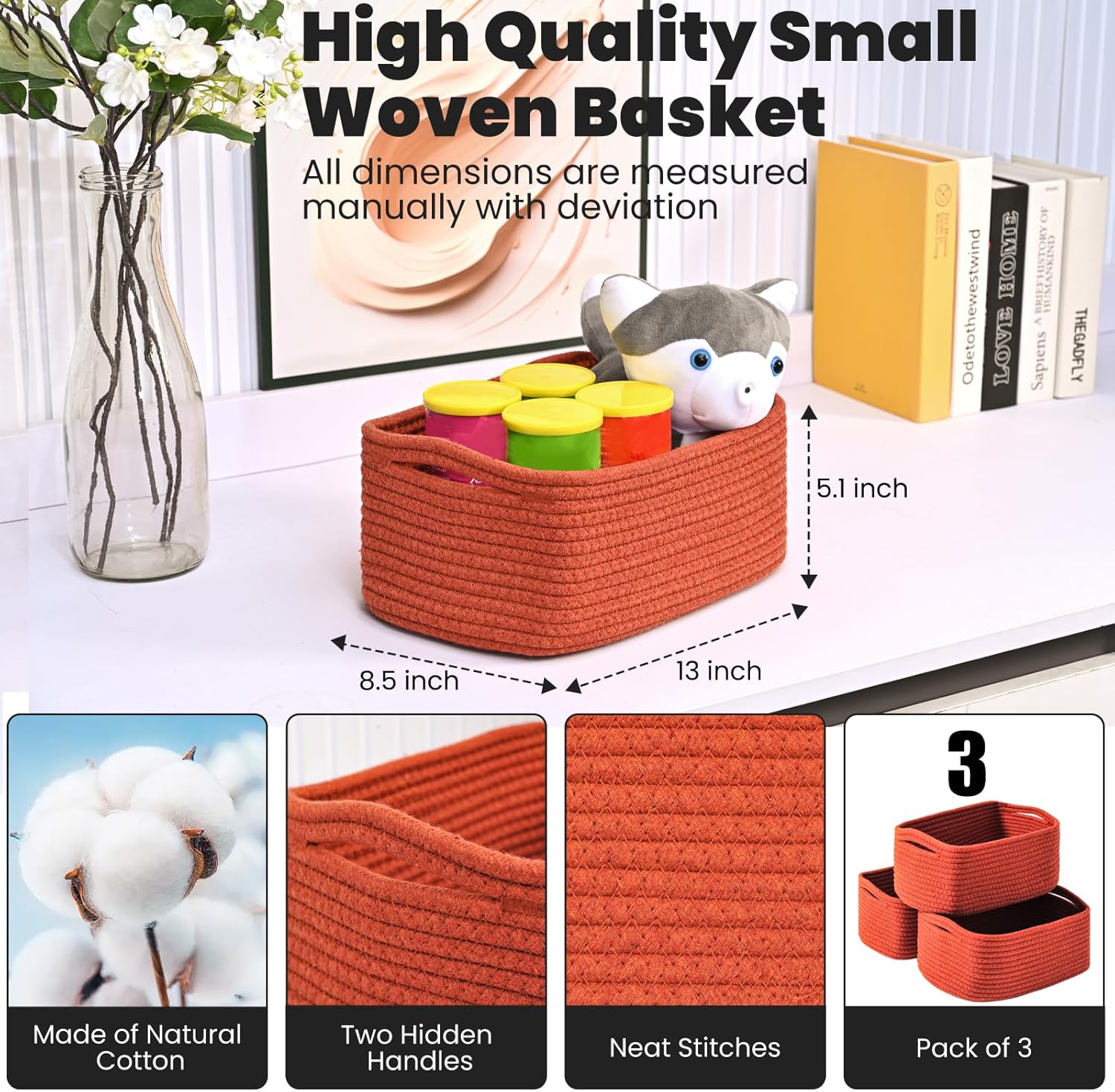 Small Red Woven Baskets for Organizing, Basket for Gifts Empty, Cotton Rope Baskets for Storage, Organizer Bins for Organization, 13"×8.5"×5.1" (3 Packs) Brick Red