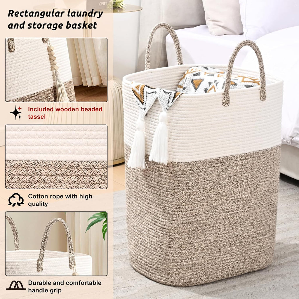 Woven Laundry Basket for Clothes, 50L Large Rectangle Laundry Hampers with Beads Tassel, Nursery Storage Basket for Toys, Tall Dirty Clothes Hamper for Bedroom Aesthetic, Laundry Room Organization