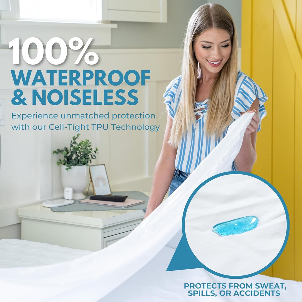 Queen Size 60x80” Premium Waterproof Zippered Mattress Encasement, 100% Cotton, Hypoallergenic, Six Sided Mattress Cover, Invisible Zippered, Soft Breathable up to 15" Deep - Rest Line