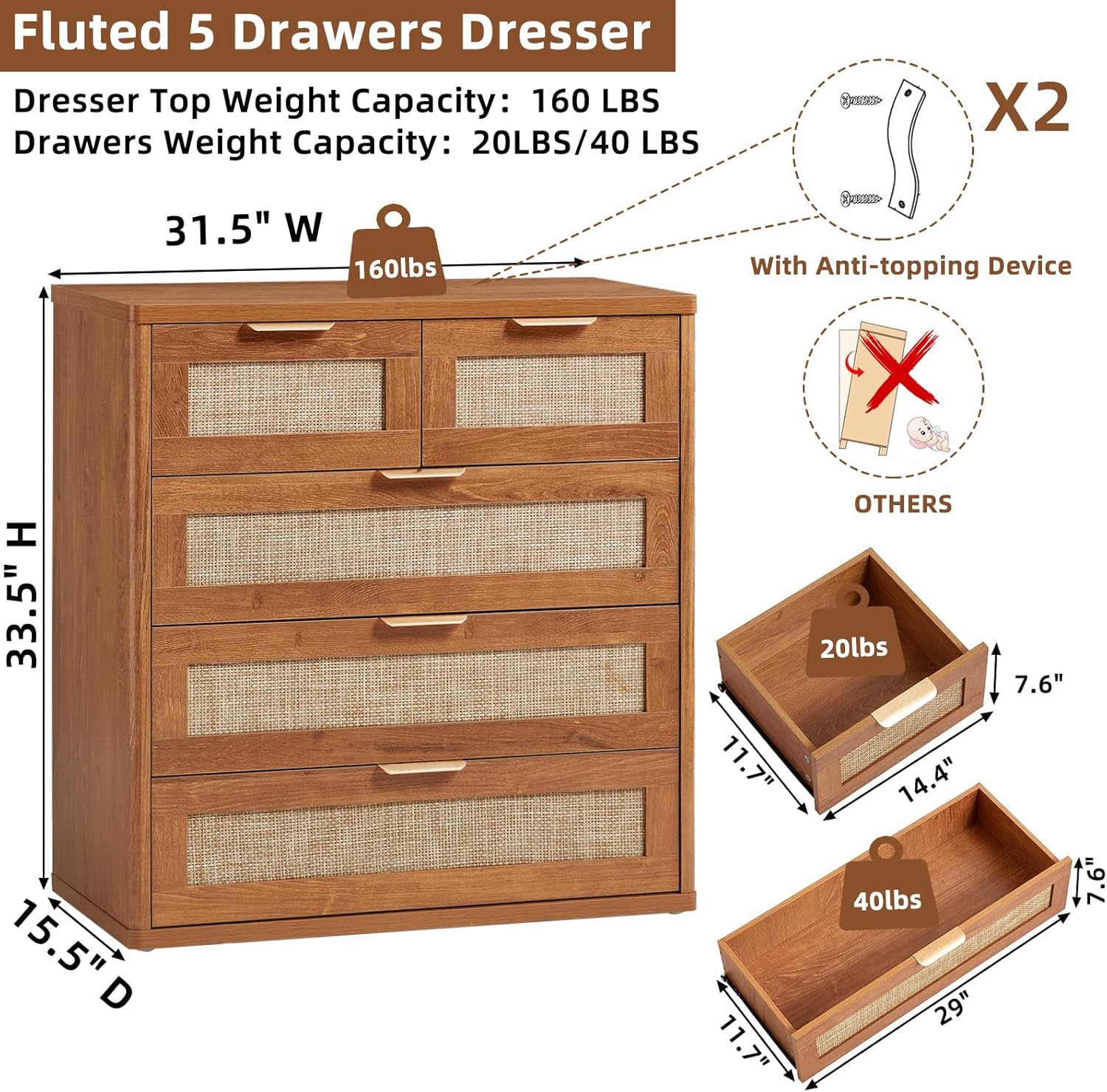 LEYAOYAO Rattan Dresser for Bedroom, 33.5" Tall Chest of Drawers, Modern 5 Drawers Boho Dressers with Storage, Vintage Brown Dresser Wooden Closet Organizer for Living Room, Hallway