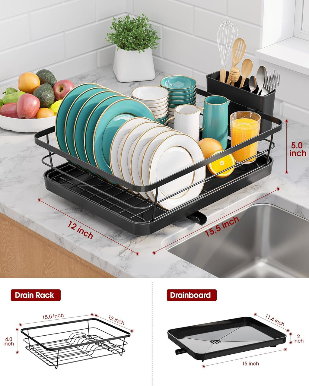 Stainless Steel Dish Drying Rack for Kitchen Counter, Sink Organization and Storage Essentials with Silverware & Utensil Holder, Home and Apartment Decor, 12''W x 15.6''L, Black