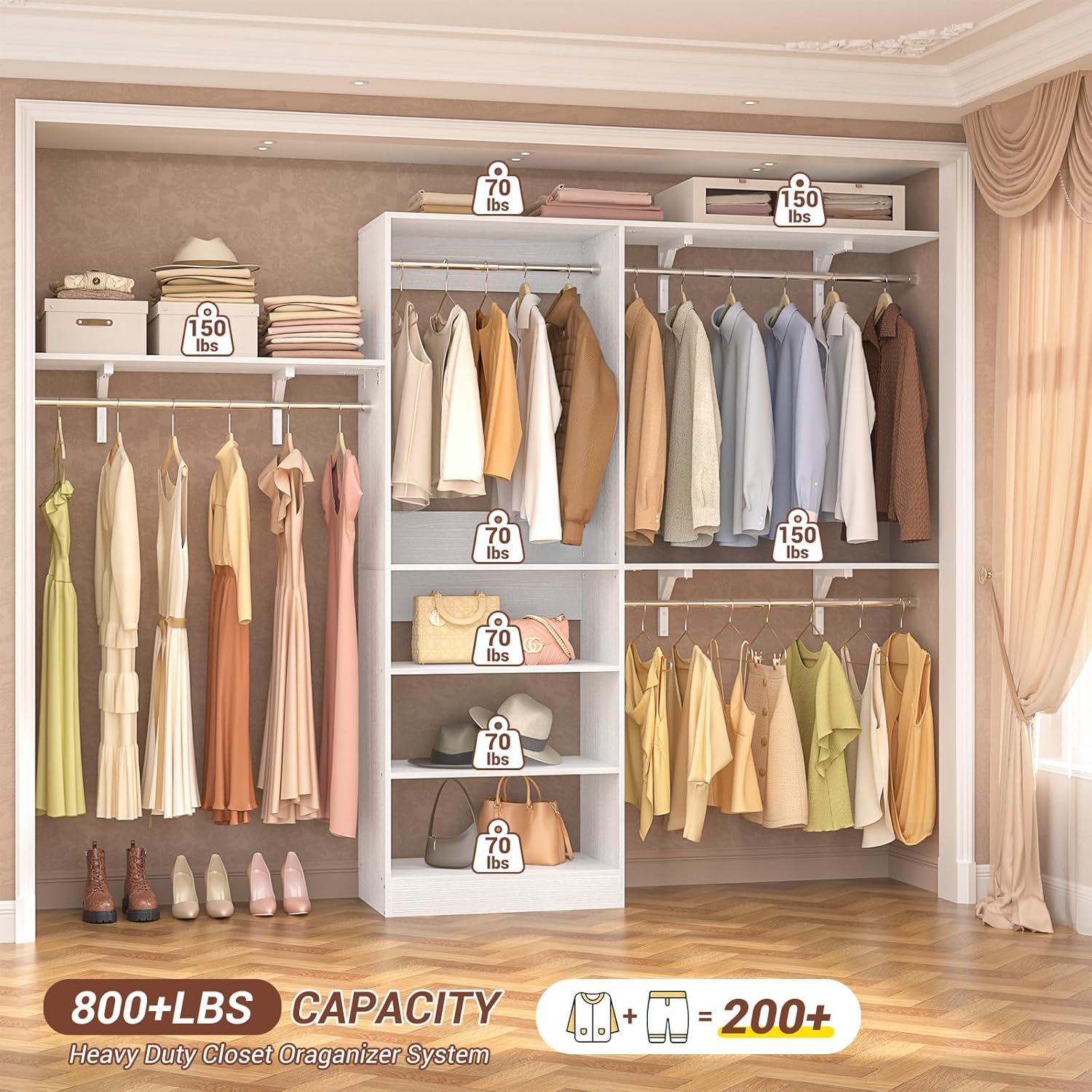 8FT Closet System with Shelves, 96'' Closet Organizer System with 3 Hanging Rods, Wall Mount Bedroom Wardrobe Walk-in Closet, Adjustable Cloth Garment Rack from 5 to 8FT (Cut to Fit), White