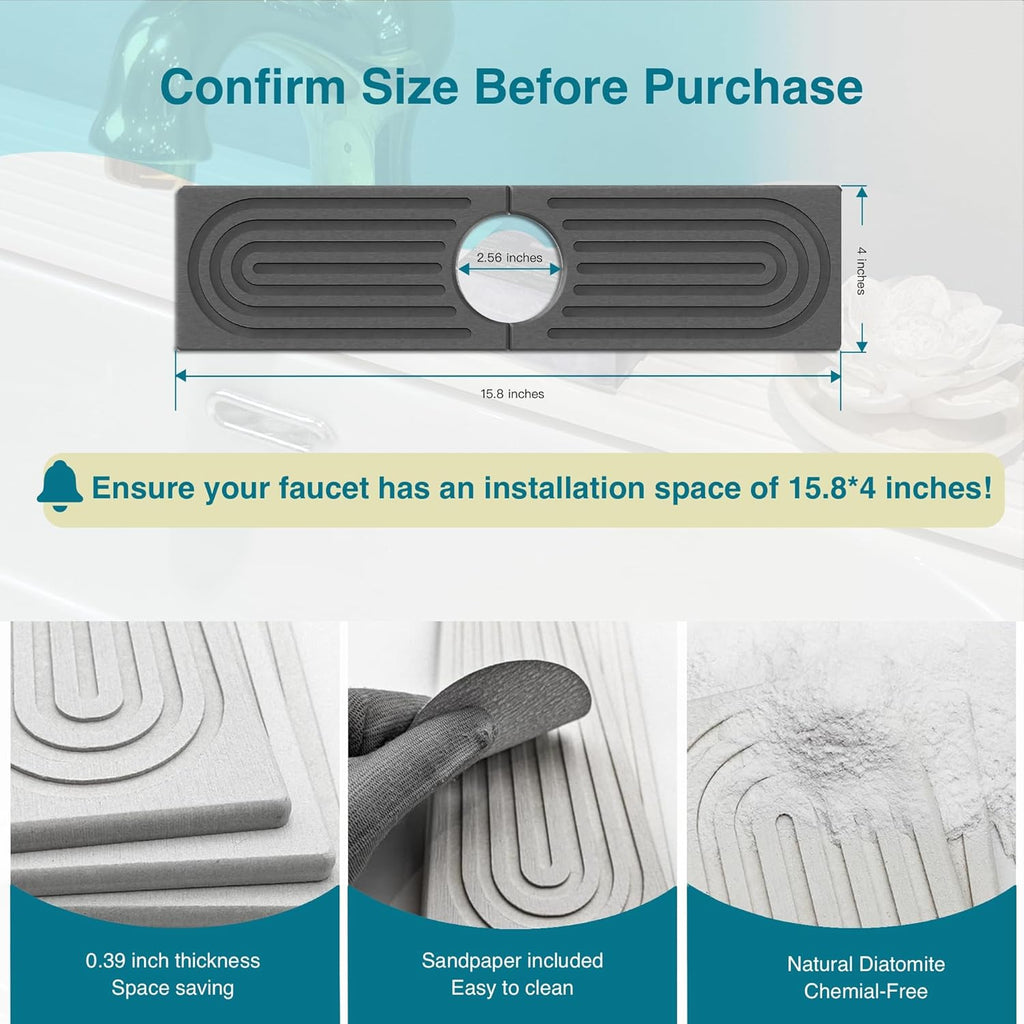 Absorbent Faucet Mat, Sink Caddy Kitchen Sink Organizer, Kitchen Counter Decor, Quick Dry Stone Mat Kitchen, Water Absorbing Stone Tray for Sink, Kitchen Soap Tray, Stone Sink Mat (DARK GREY, 15.8*4")