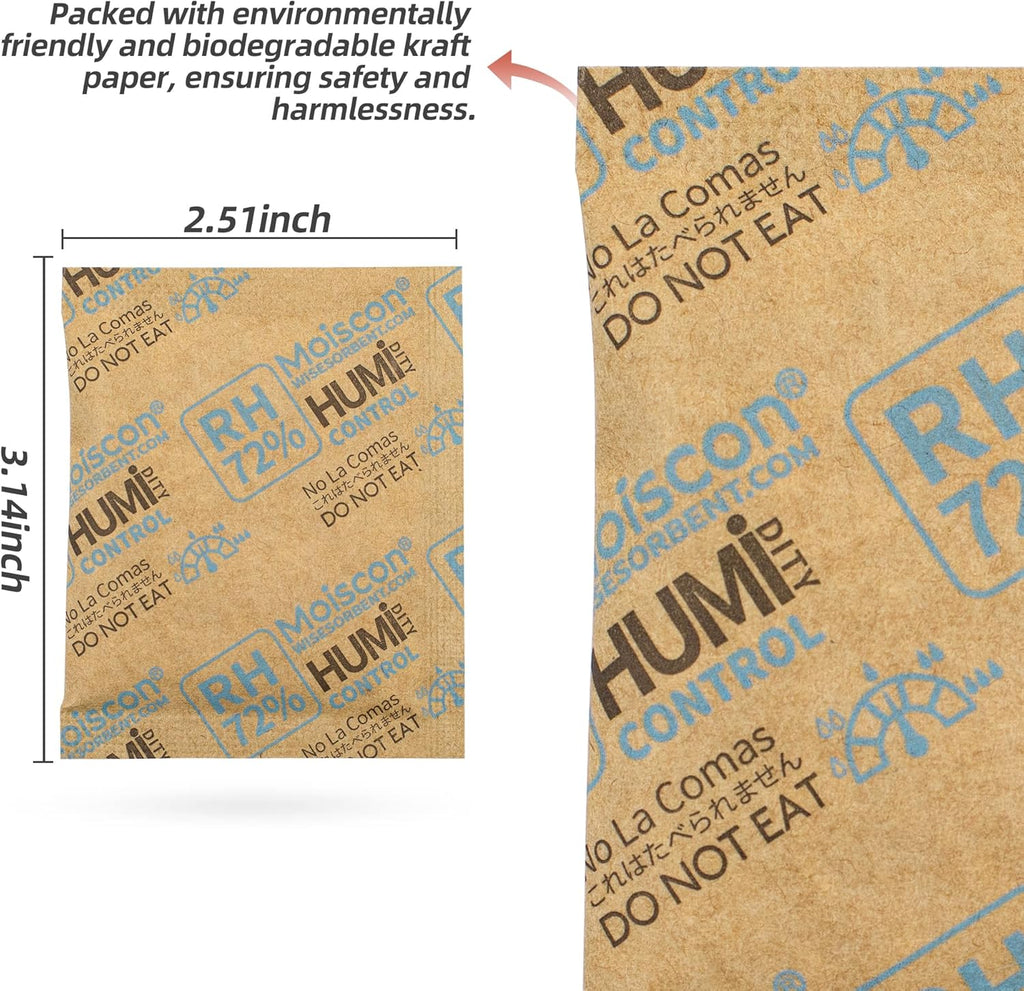 72% Two-Way Humidity Control Packs- 8 Gram Moisture Absorbers for Herbs, Wood Humidifier Boxes - Natural Craft Paper Design, Individually Sealed Packets, Prevents Leaks [60 Pack]