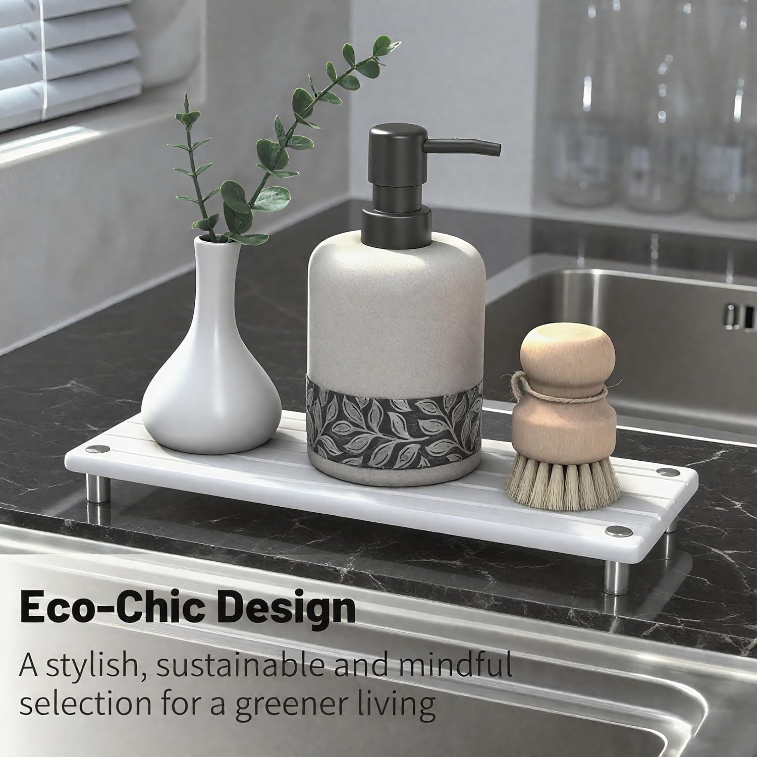 Quick Dry Sink Caddy Kitchen Sink Organizer, Water Absorbing Stone Tray for Sink, Stone Drying Tray, Diatomite Faucet Mat & Protector, Dispenser Sponge Holder, Stone Soap Tray for Bathroom Counter