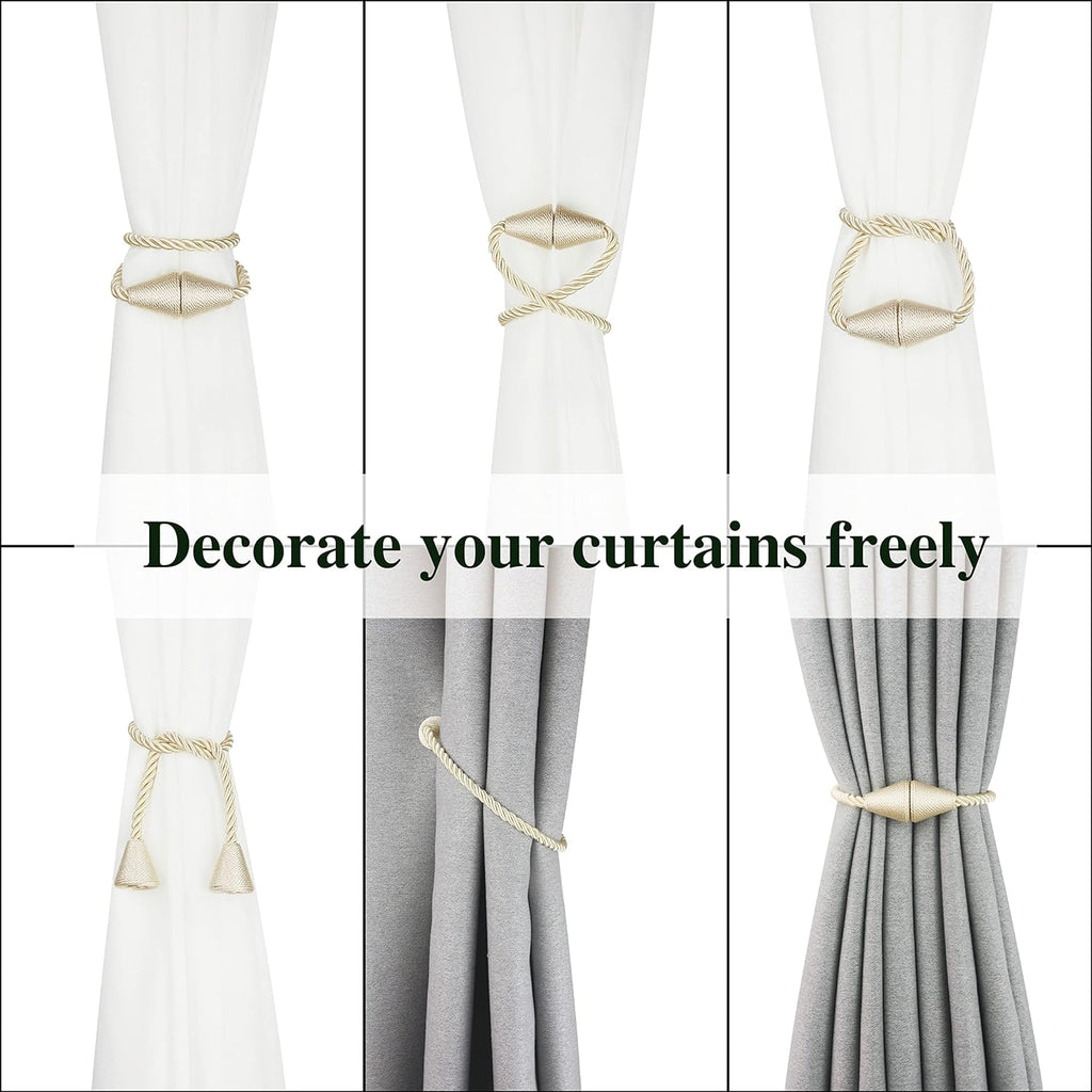 2 Pack Magnetic Curtain Tiebacks Rope Modern Handmade Curtain Tie Backs Decorative Drapes Weave Holdbacks for Window Décor, Beige