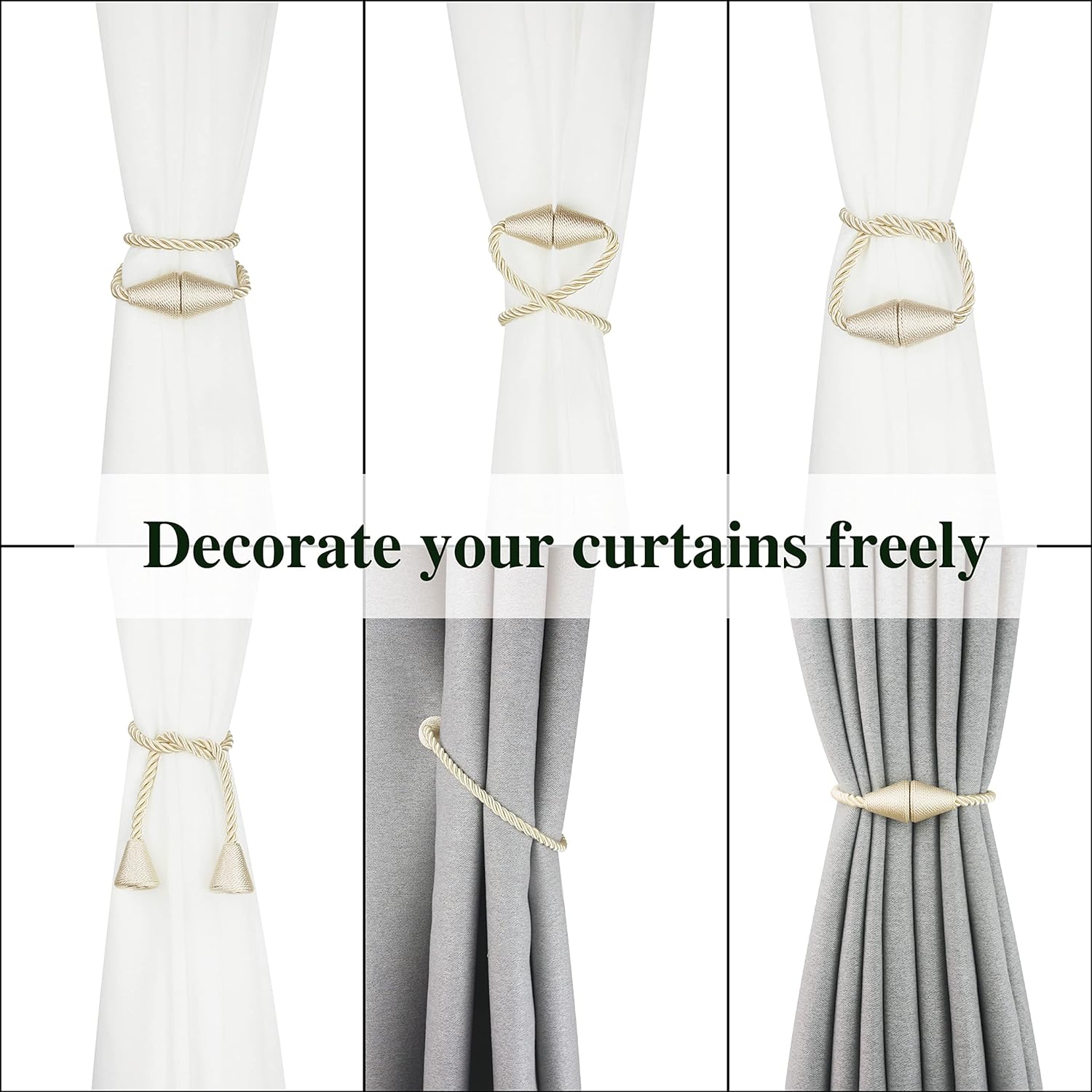 2 Pack Magnetic Curtain Tiebacks Rope Modern Handmade Curtain Tie Backs Decorative Drapes Weave Holdbacks for Window Décor, Beige