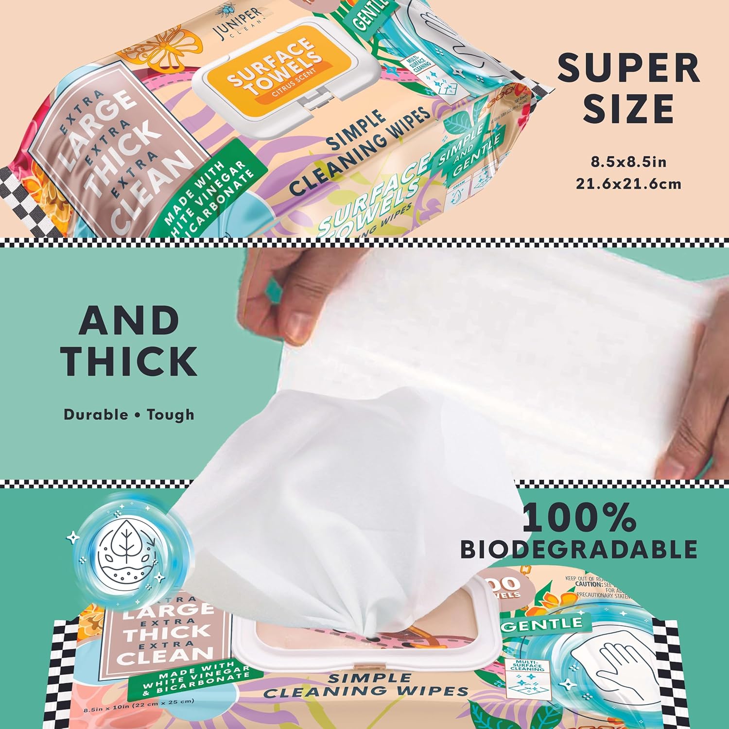 6 Packs Surface Cleaning Wipes Bleach Free, Thick & Large Dispose, All-Purpose Cleaner for Bathroom, Kitchen, Office, 600 Count Soft Flow, Biodegradable, Citrus Scent