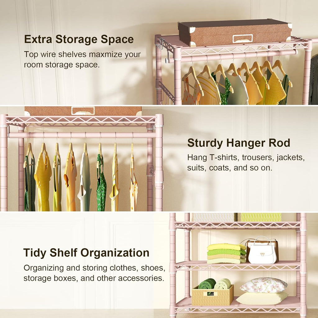 Ulif E1 Heavy Duty Closet Garment Rack, 6 Tiers Adjustable Metal Freestanding Expandable Clothing Storage with 4 Hanger Rods, Easy to Assemble Wardrobe, 71.4" H x (70" - 88.2") L x 14" D, Pink