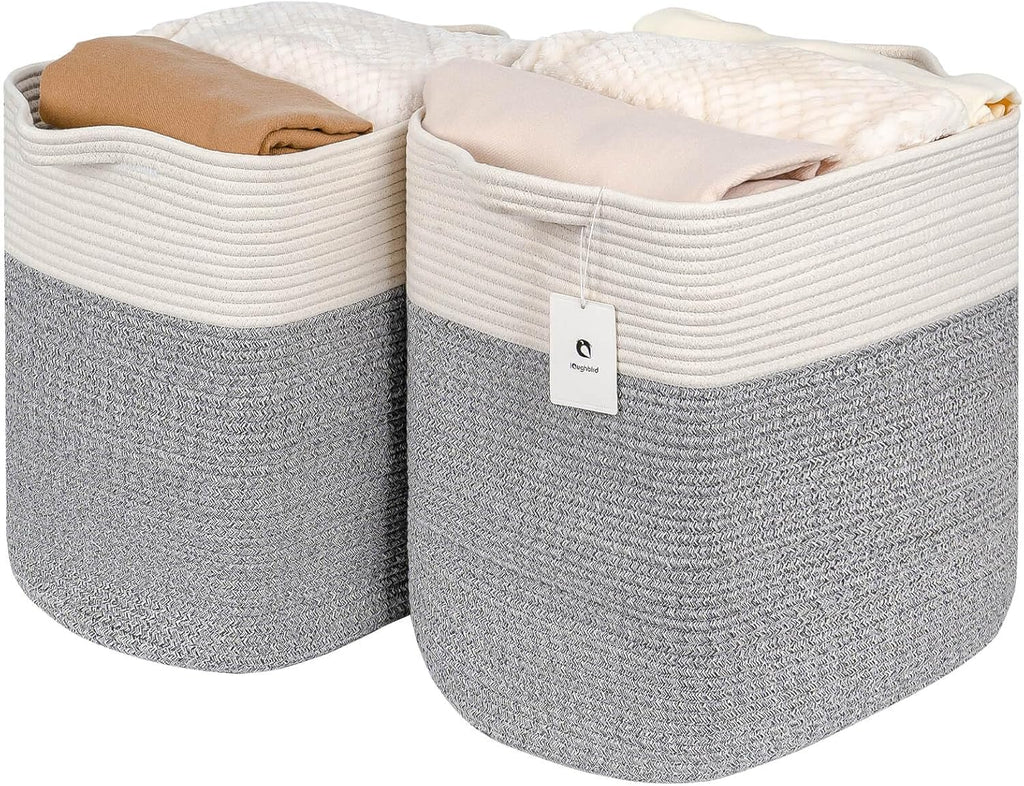 Storage Baskets for Clothes Fabric Cotton Rope Storage Basket with Handles, Decorative Woven Basket for Living Room,Closet Organizer Blankets, and 2bags (Silver Gray, L14×W11×H14)