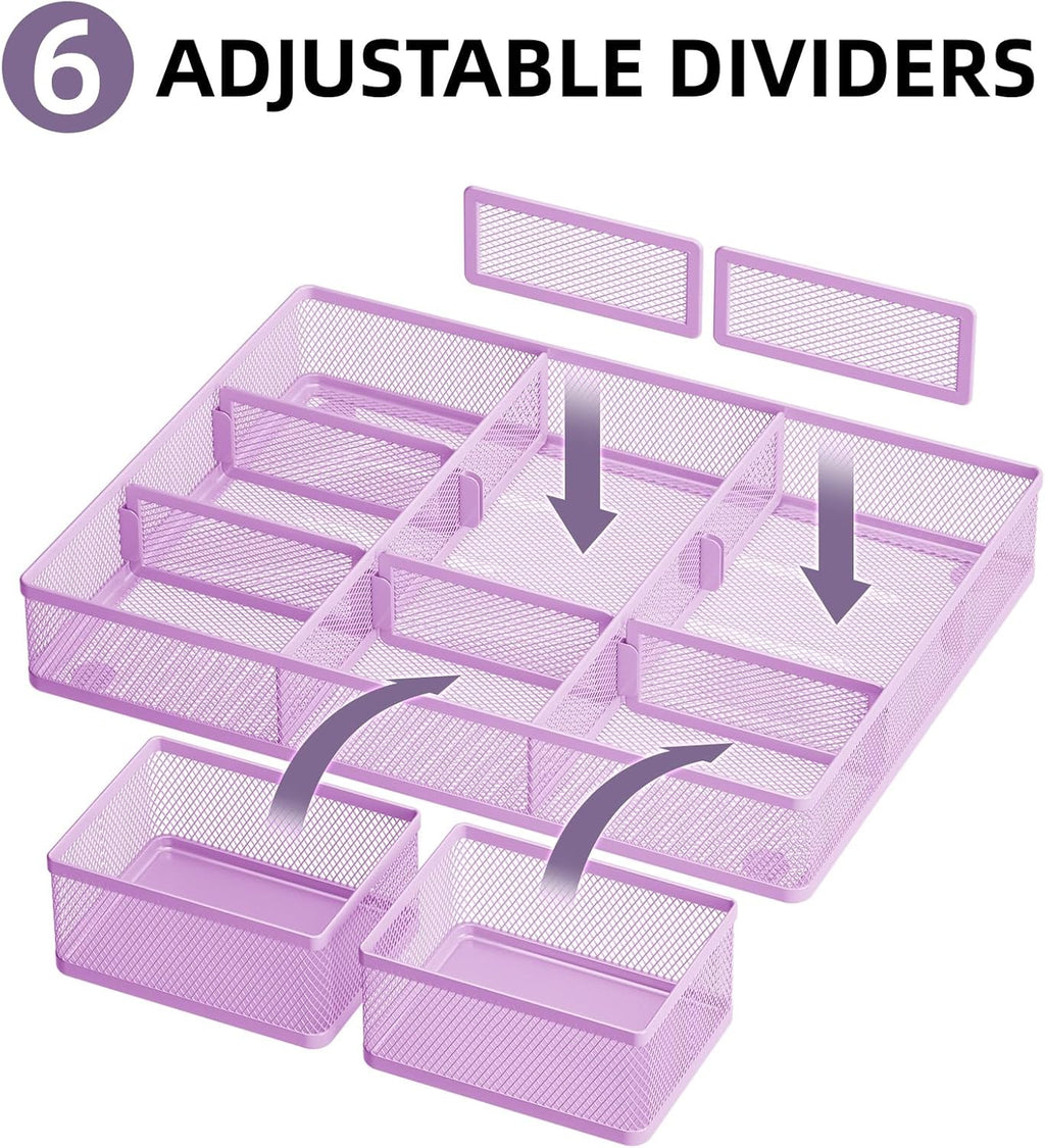 Marbrasse 3 Packs Desk Drawer Organizers, Metal Mesh Dividers with 9 Adjustable Compartments, Pen Organizer for Drawer Tray Box Accessories for Desktop,Kitchen, Makeup(Purple)