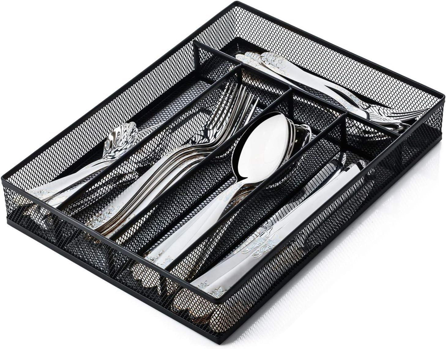 Silverware Organizer Metal Mesh, Small Drawer Organizer, Utensil Cutlery Tray for kitchen drawers, Flatware Organizer with 5 Compartment, Black(9.3"*12.6")