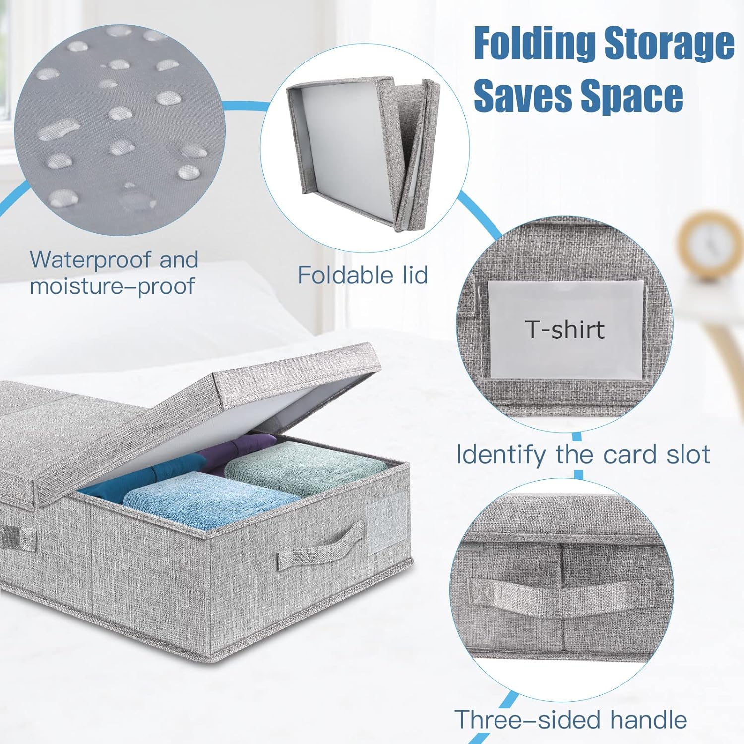 Underbed Storage Containers Bin with Lids, Large Under Bed Storage Organizer Box with Handle, Foldable Under the Storage Bags for Organizing Clothes, Shoes, Blankets, Pillows